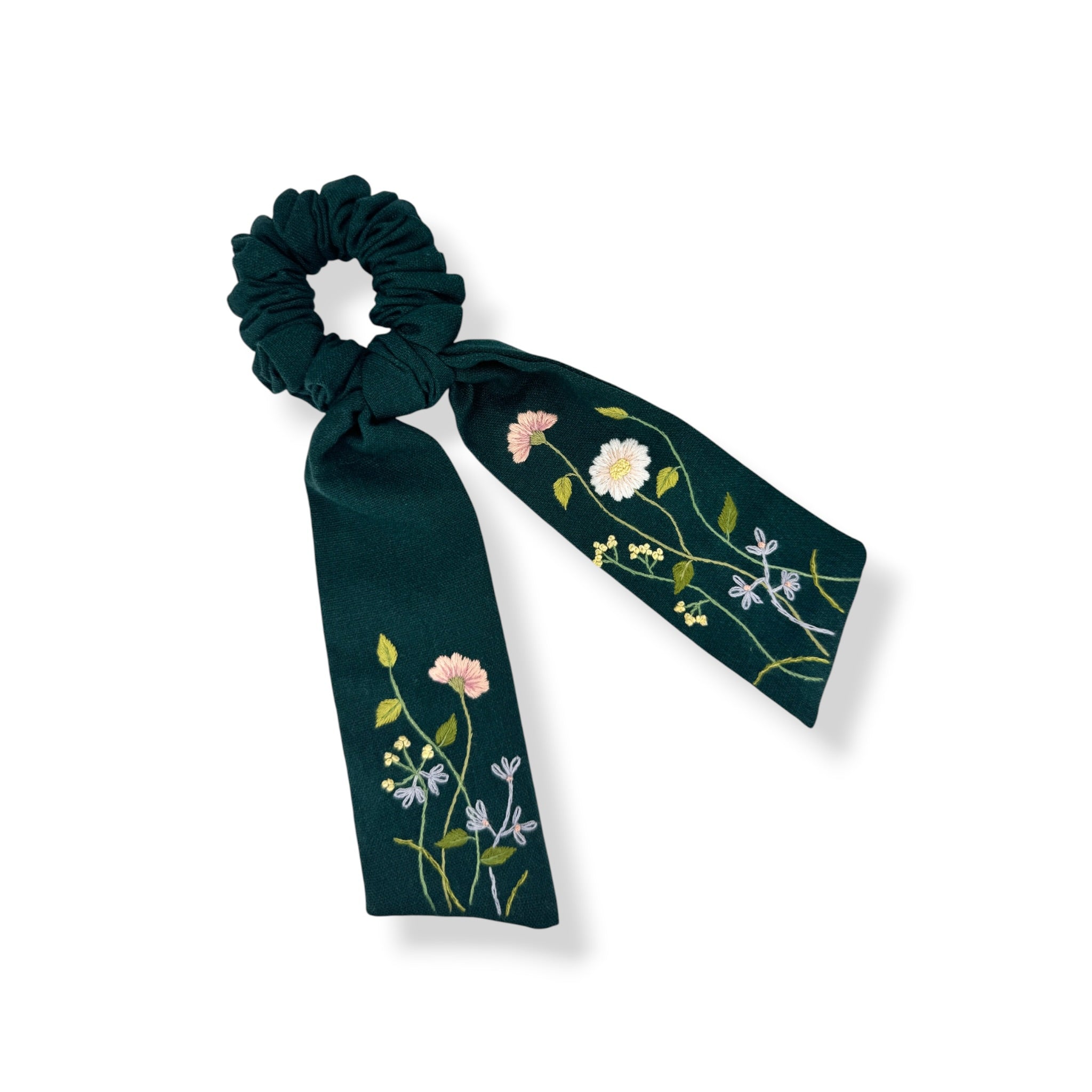 Forest Bloom Embroidered Scrunchie Bow