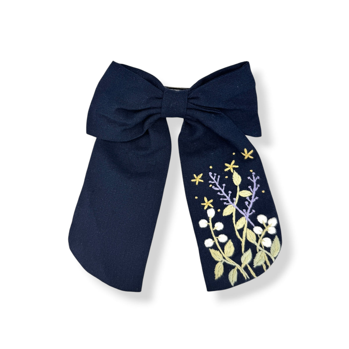 Snowy Meadow Embroidered Navy Hair Bow