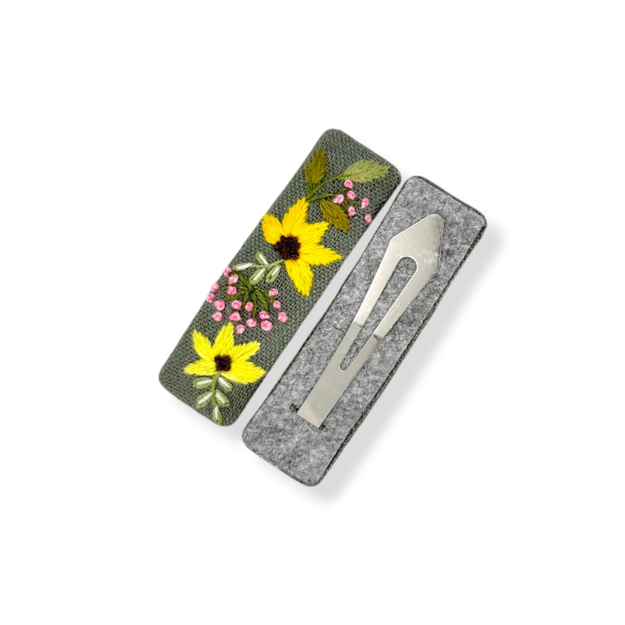 Yellow Daisy Olive Green Embroidered Hair Clips