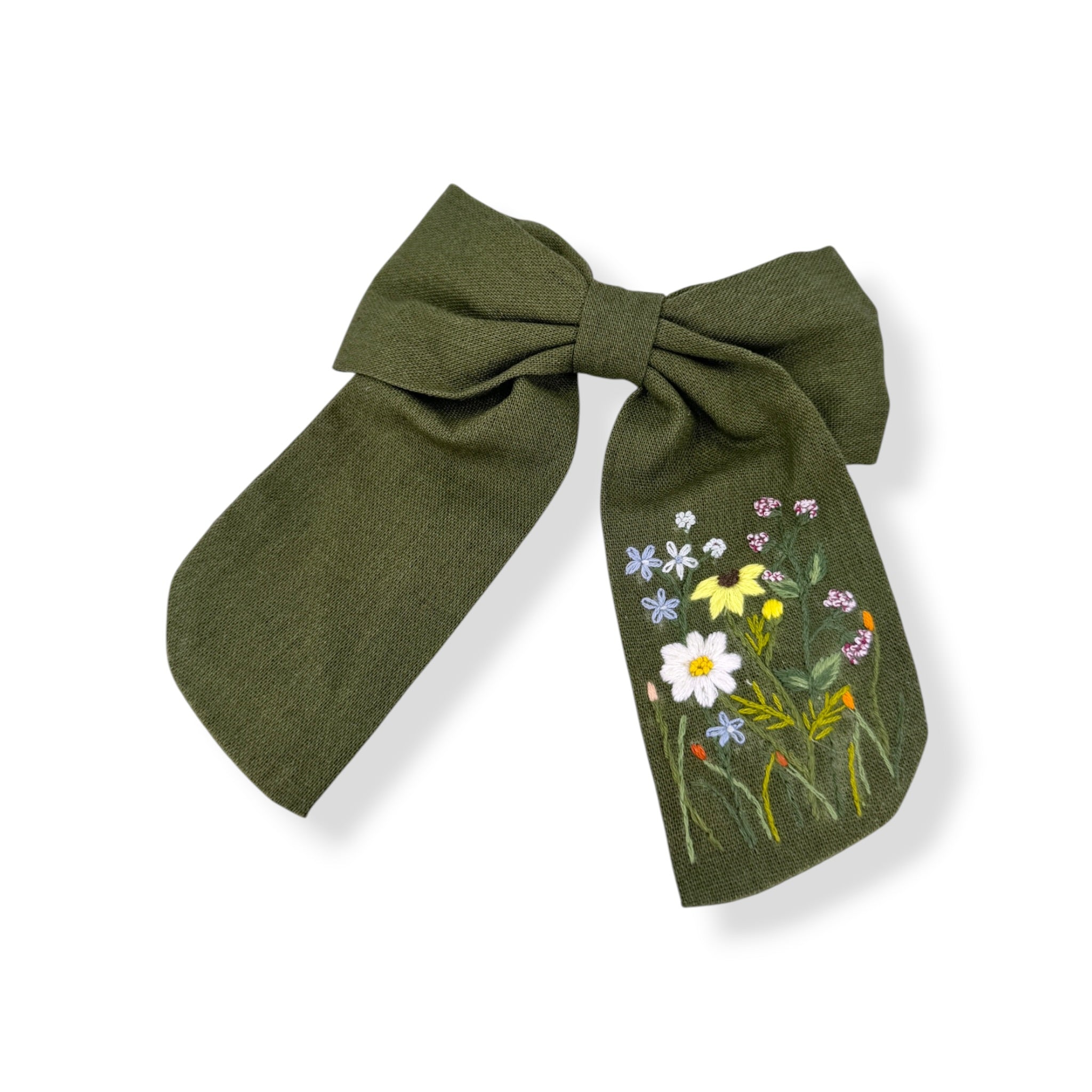 Yellow Daisy Olive Green Embroidered Hair Barrette