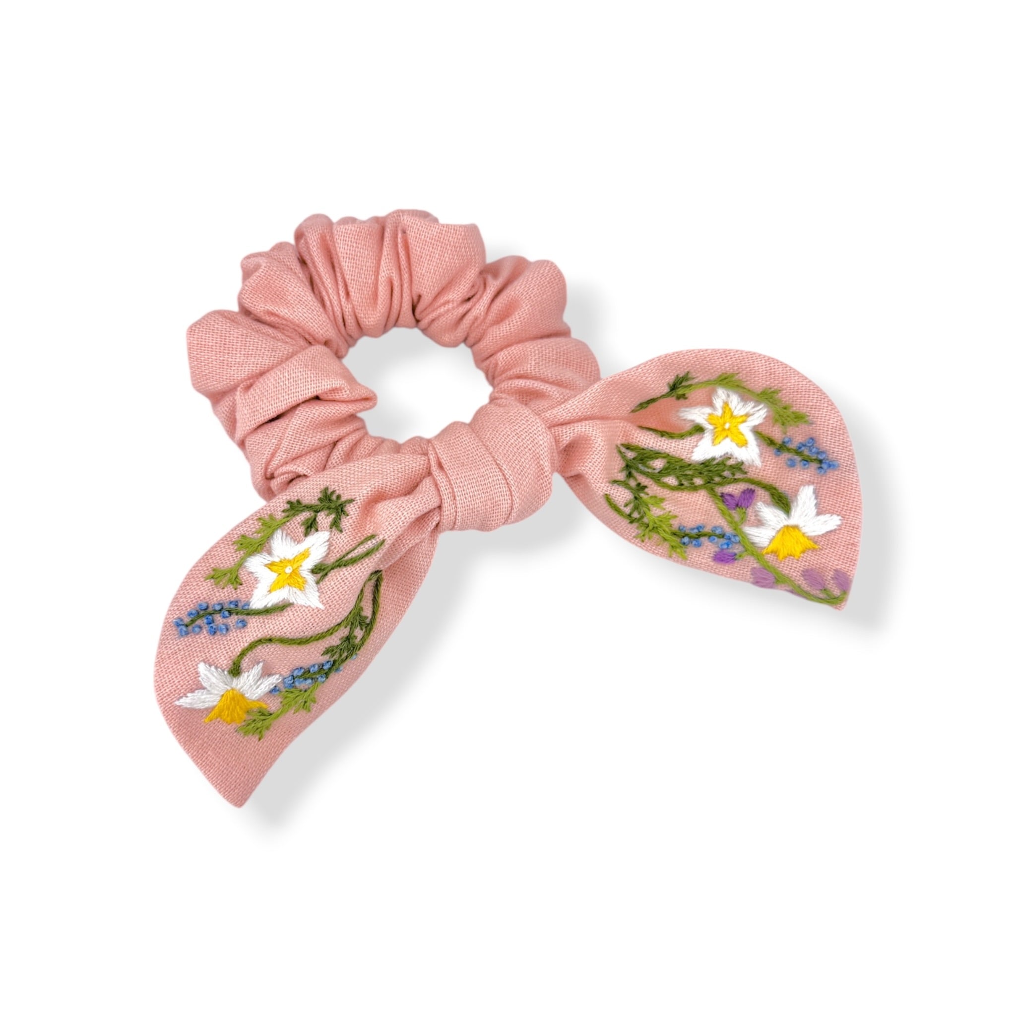 Wildflower Embroidered Dusty Pink Bow Scrunchies
