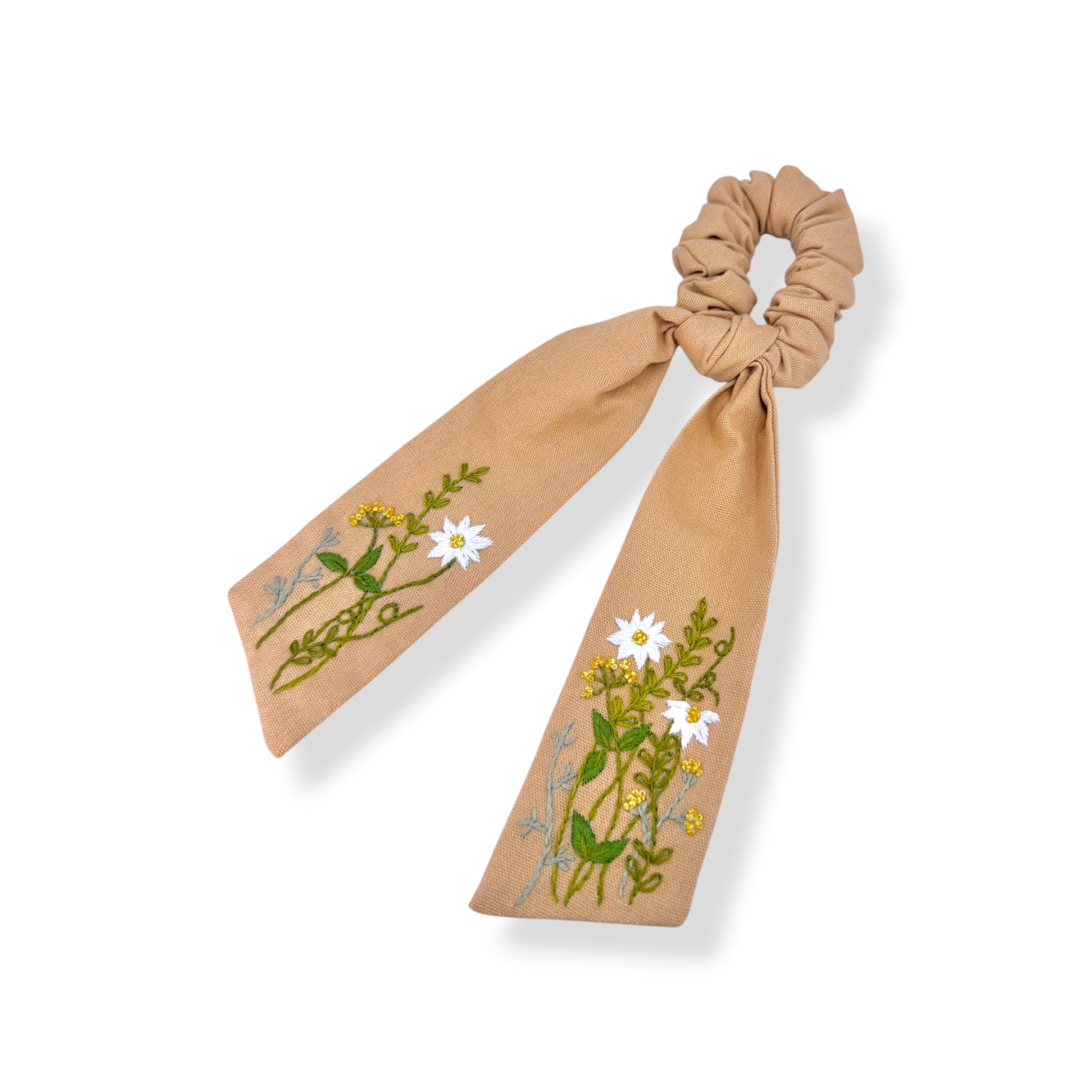 Golden Meadow Embroidered Warm Beige Bow Scrunchies