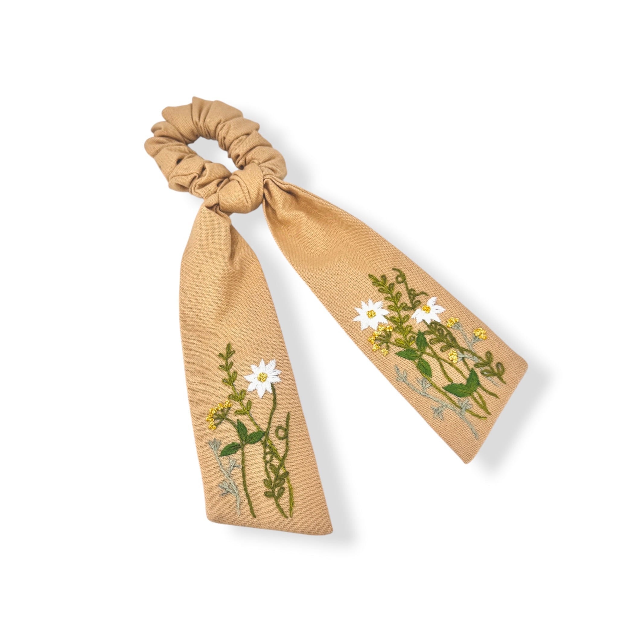 Golden Meadow Embroidered Warm Beige Bow Scrunchies