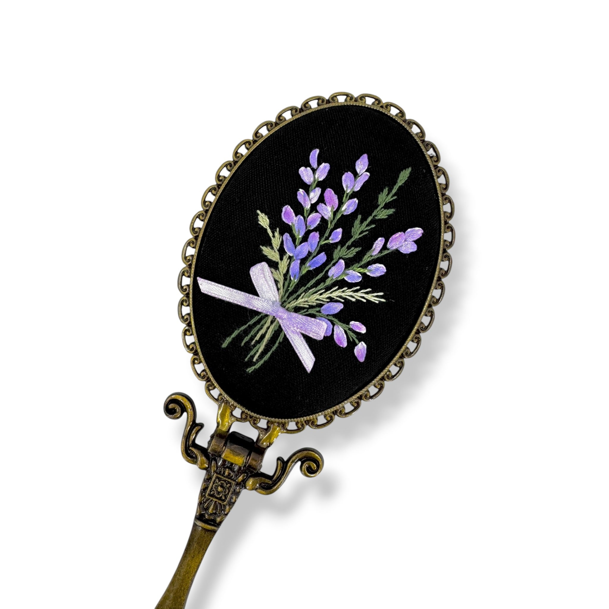 Midnight Lavender Bouquet Hand Embroidered Handheld Mirror