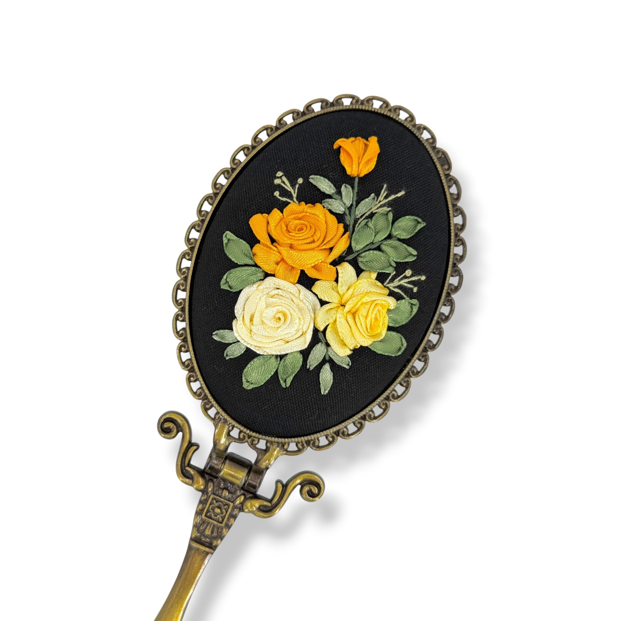 Golden Roses Hand Embroidered Handheld Mirror