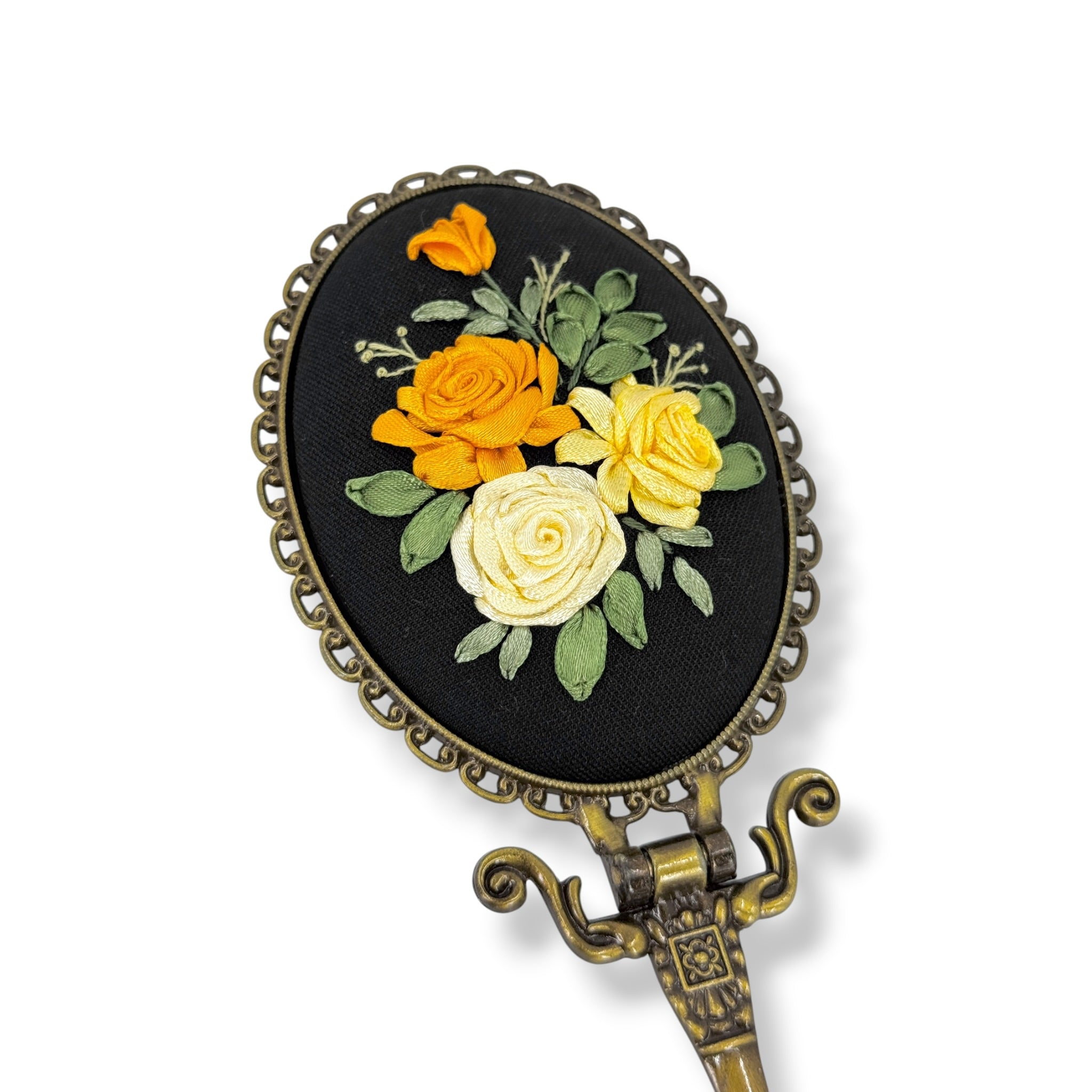 Golden Roses Hand Embroidered Handheld Mirror