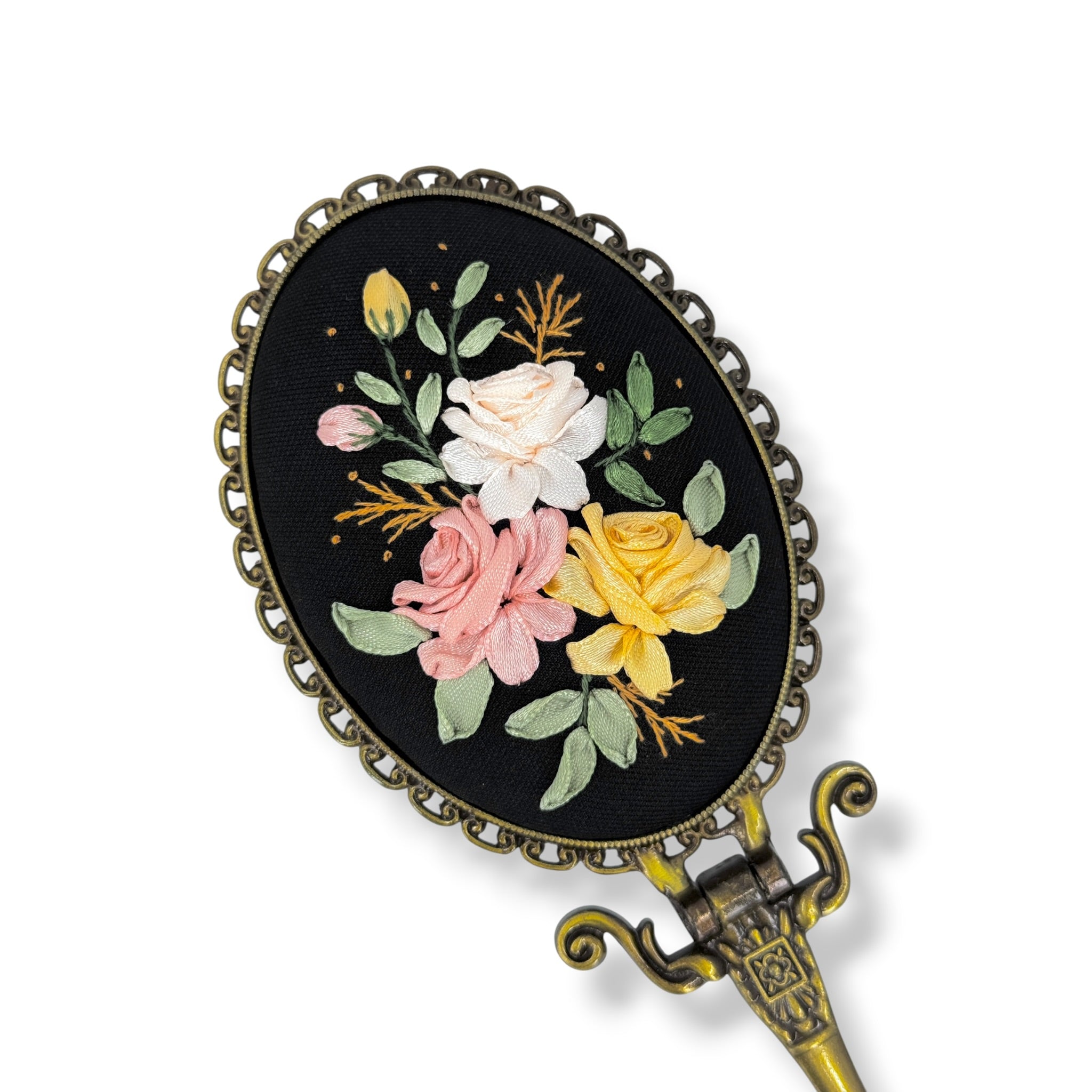 Pastel Roses Hand Embroidered Handheld Mirror
