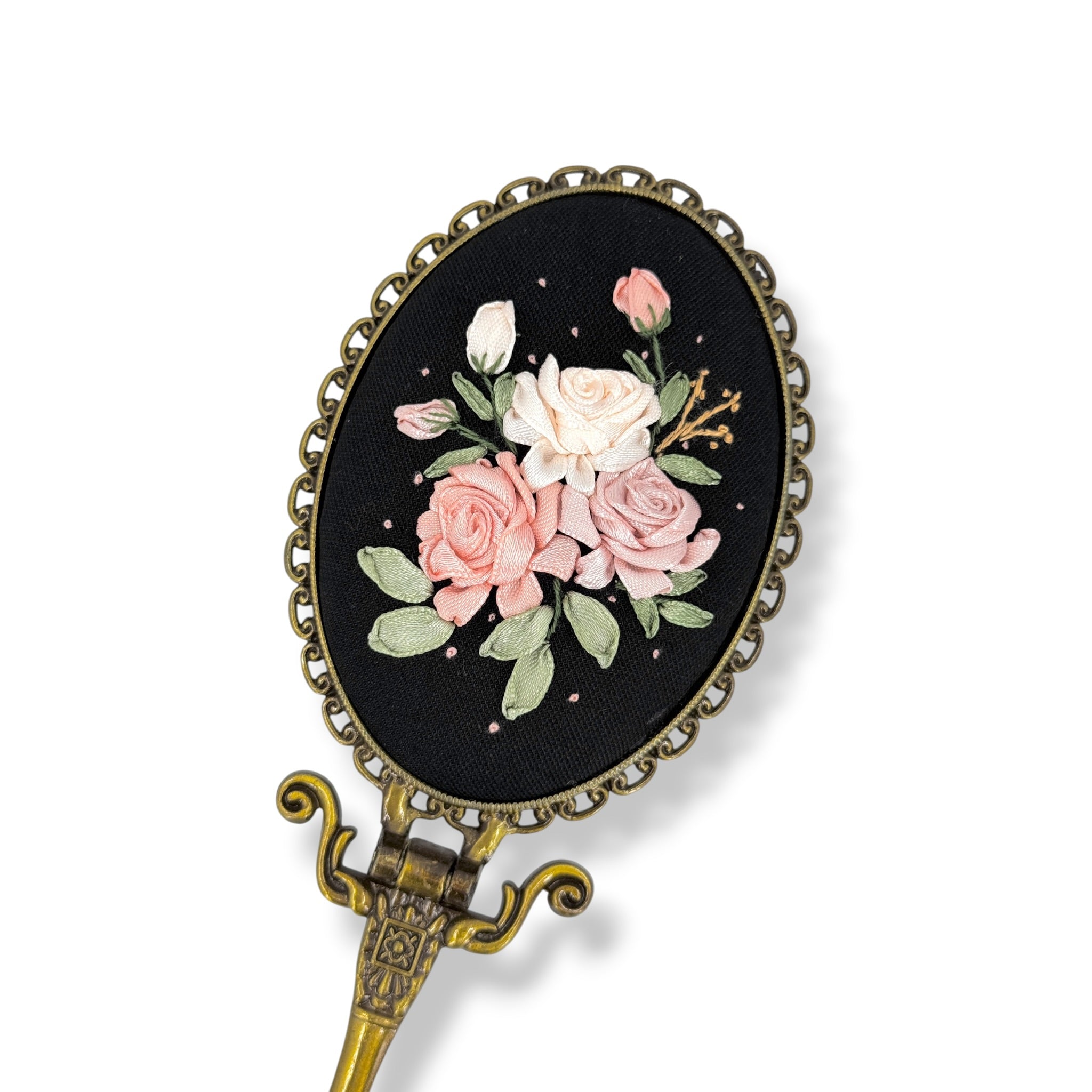 Blush Roses Hand Embroidered Handheld Mirror