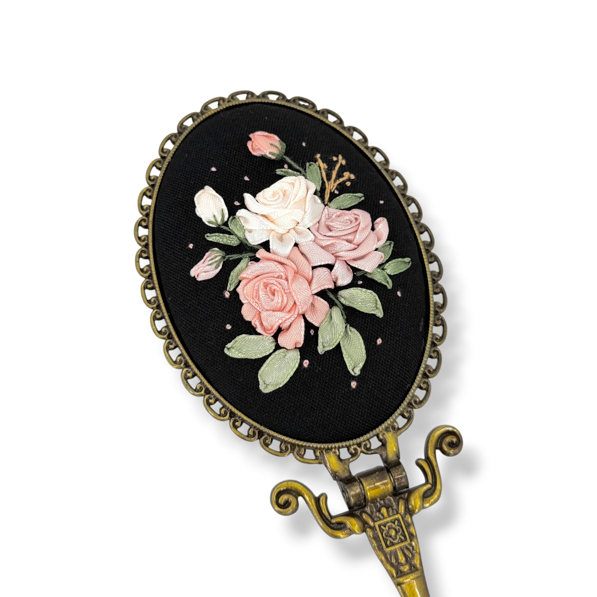 Blush Roses Hand Embroidered Handheld Mirror