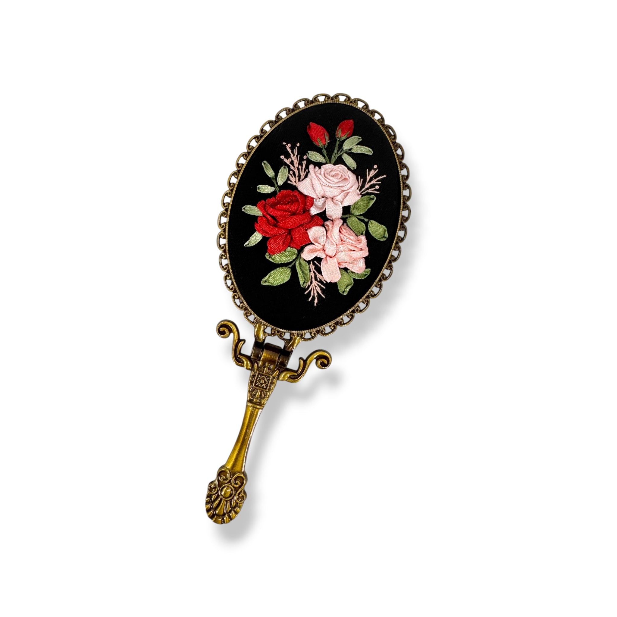 Crimson Blush Rose Embroidered Handheld Mirror