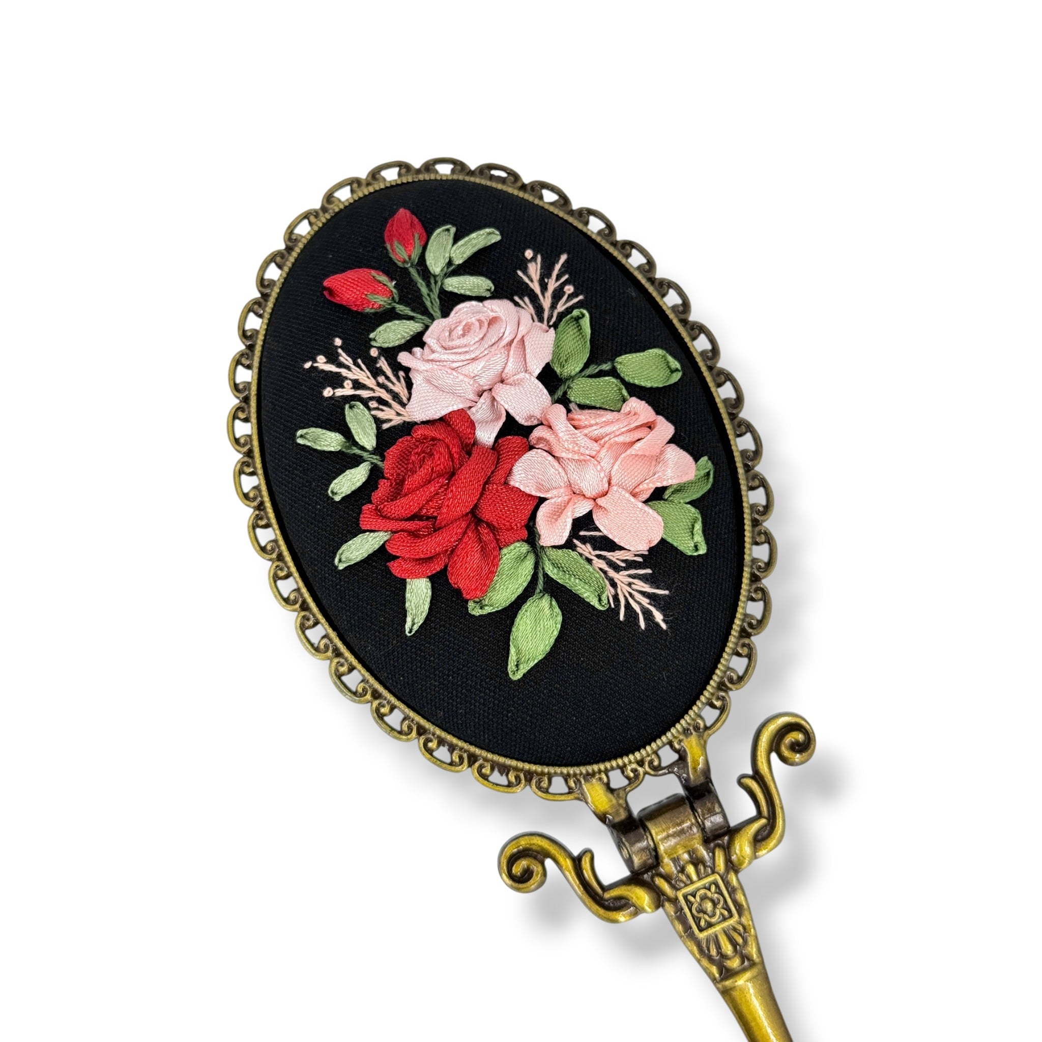 Crimson Blush Rose Embroidered Handheld Mirror