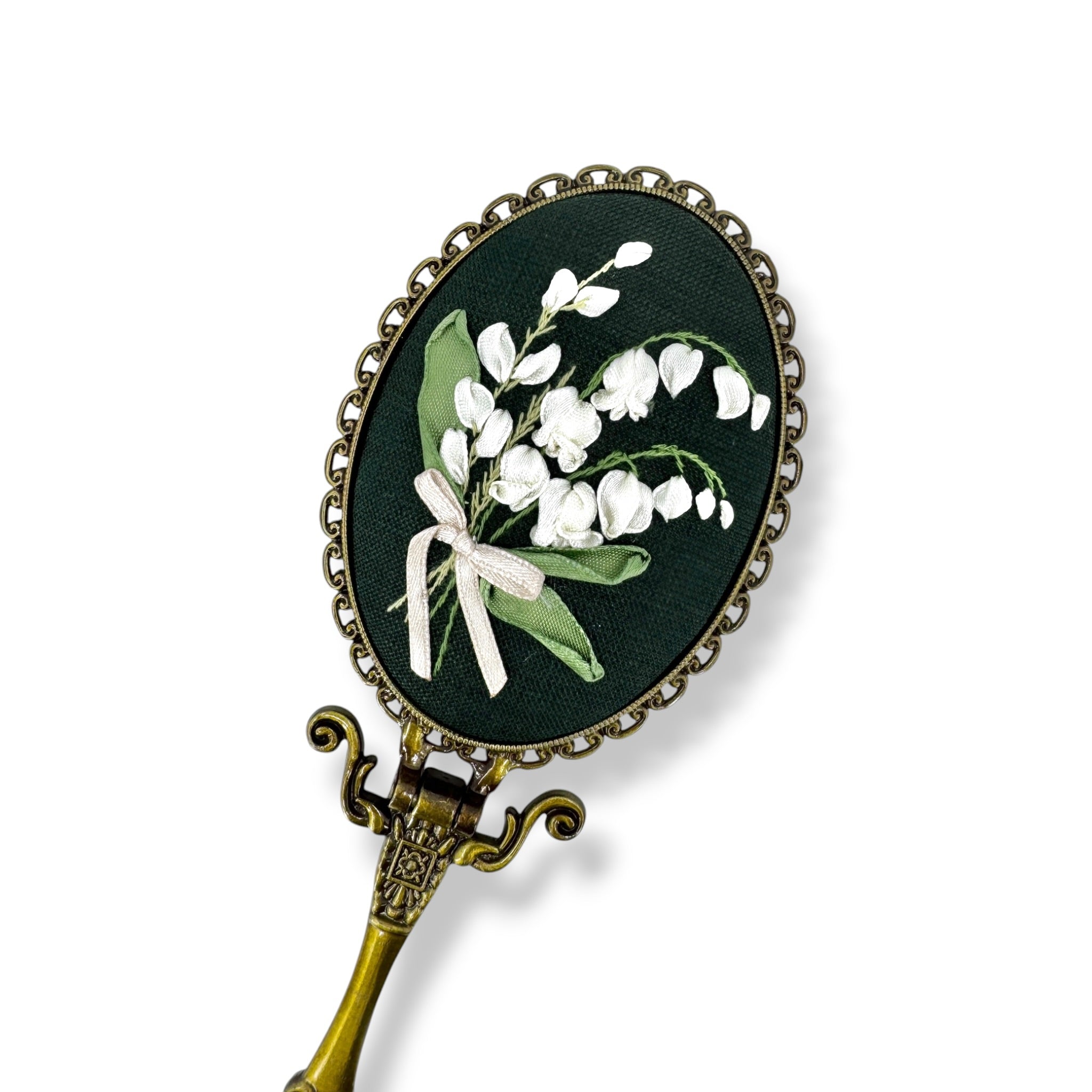Lily of The Valley Green Embroidered Handheld Mirror
