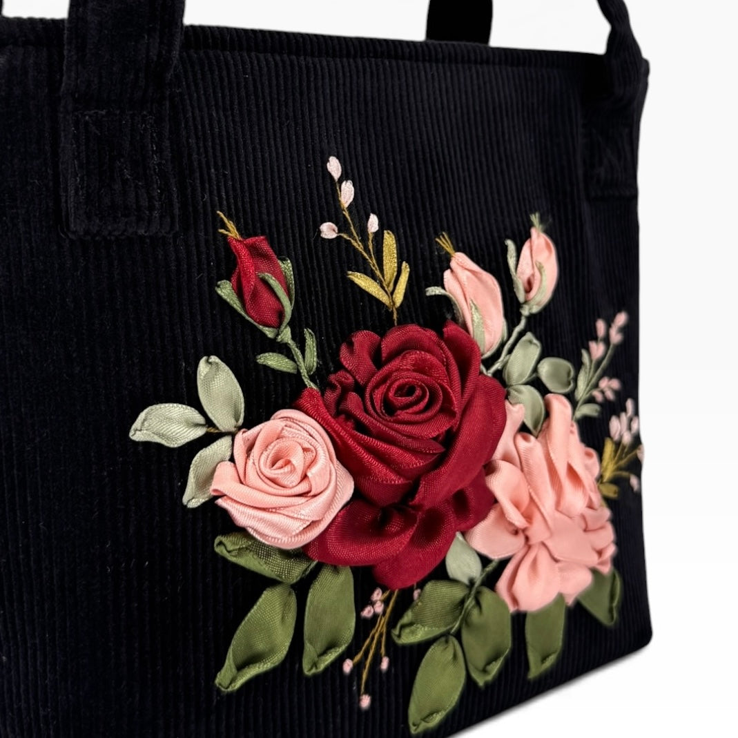 Roses Bloom Ribbon Embroidery Velvet Handbag