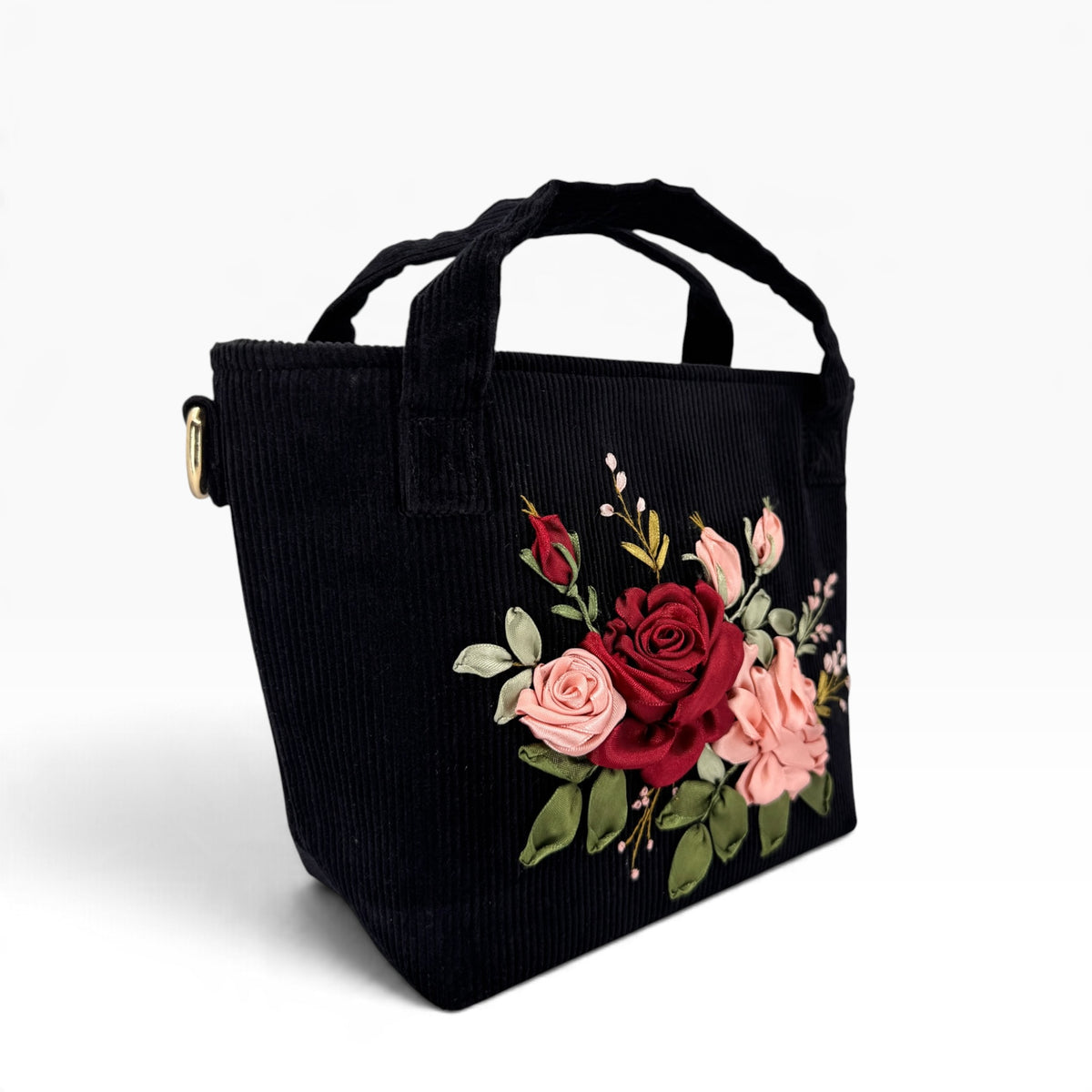 Roses Bloom Ribbon Embroidery Velvet Handbag