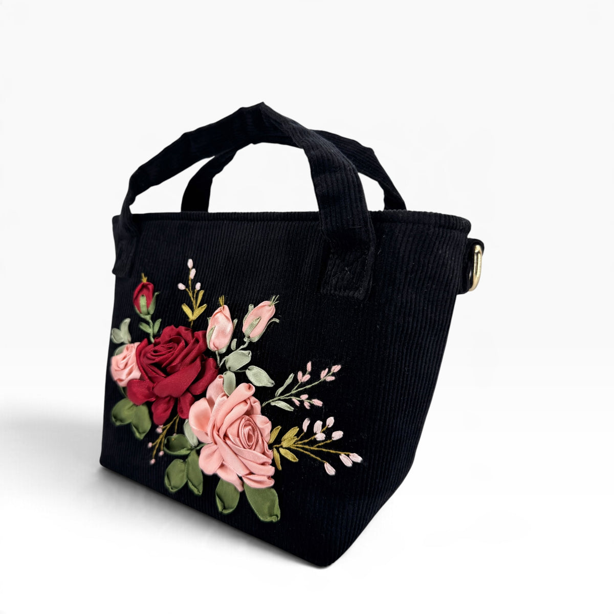 Roses Bloom Ribbon Embroidery Velvet Handbag