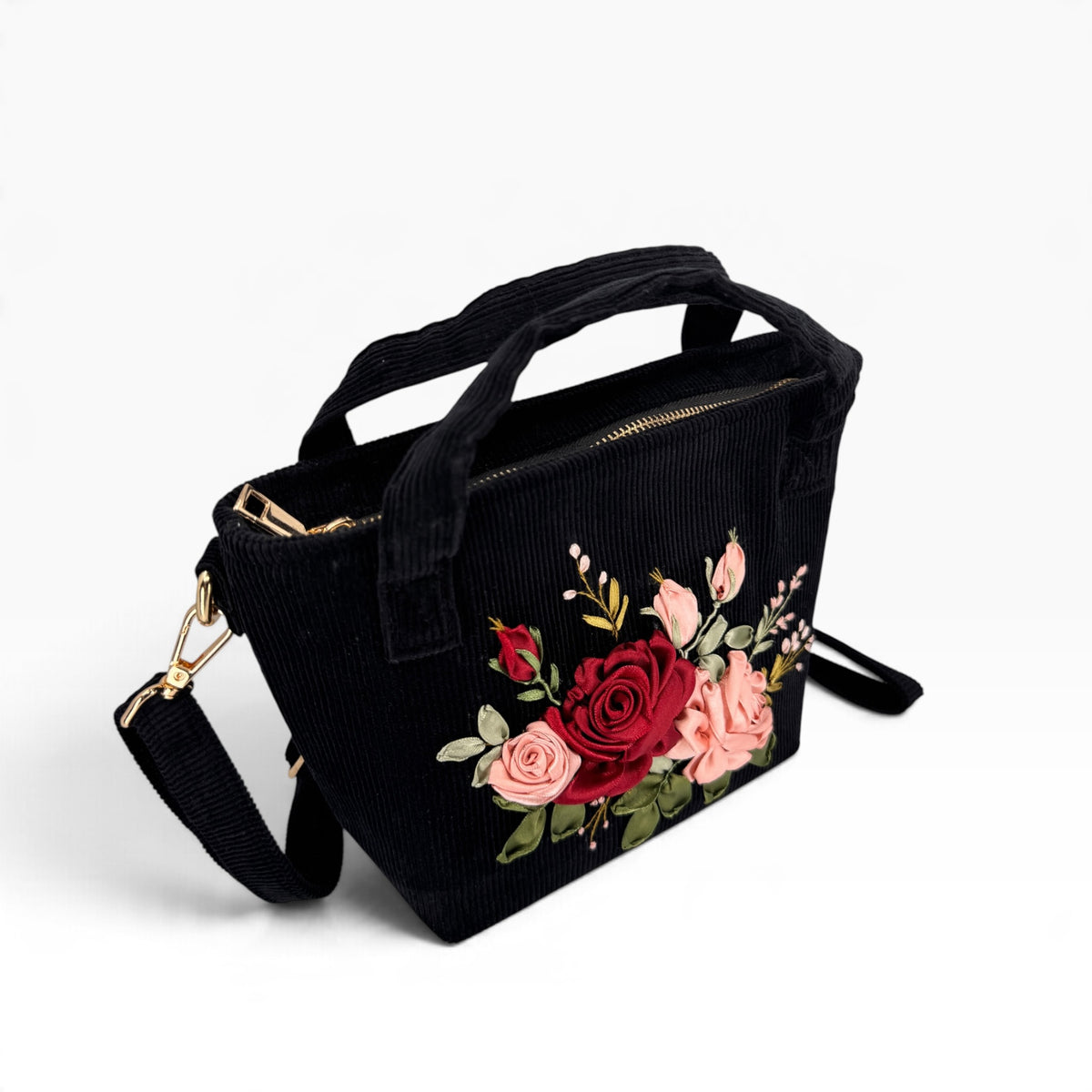 Roses Bloom Ribbon Embroidery Velvet Handbag
