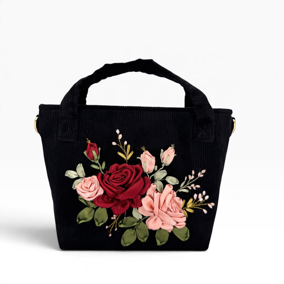 Roses Bloom Ribbon Embroidery Velvet Handbag