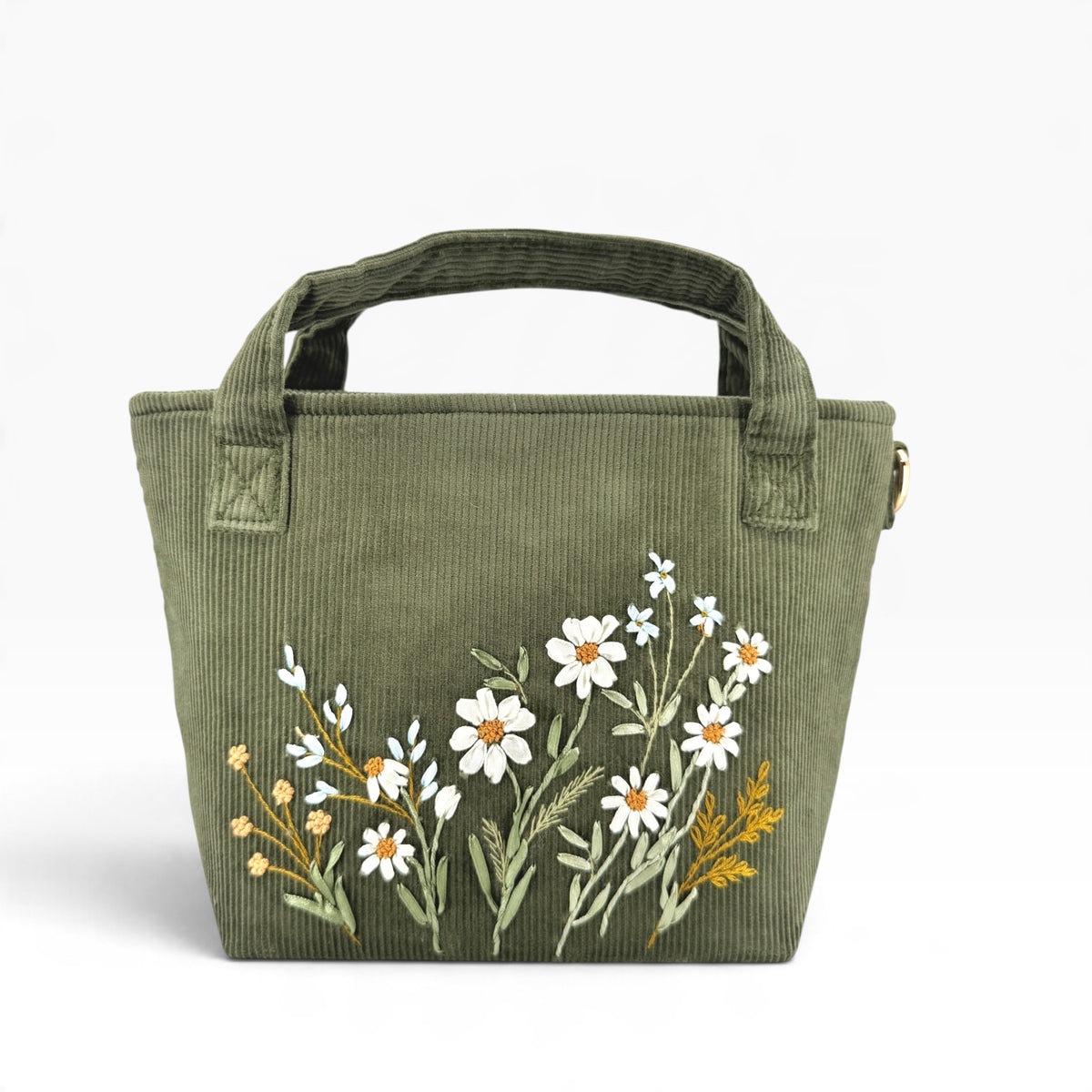 Daisy Wildflowers Ribbon Embroidery Olive Green Velvet Handbag