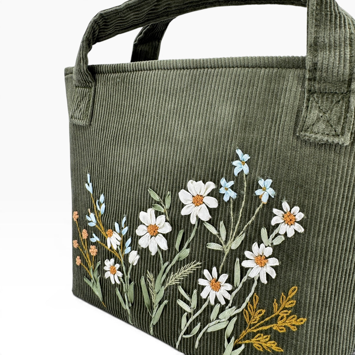 Daisy Wildflowers Ribbon Embroidery Olive Green Velvet Handbag