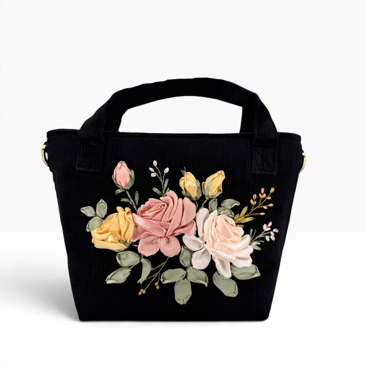 Blush Roses Ribbon Embroidery Velvet Handbag