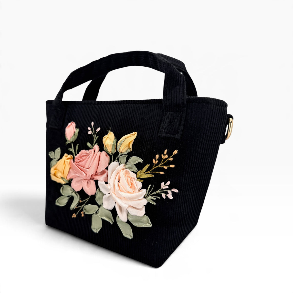 Blush Roses Ribbon Embroidery Velvet Handbag