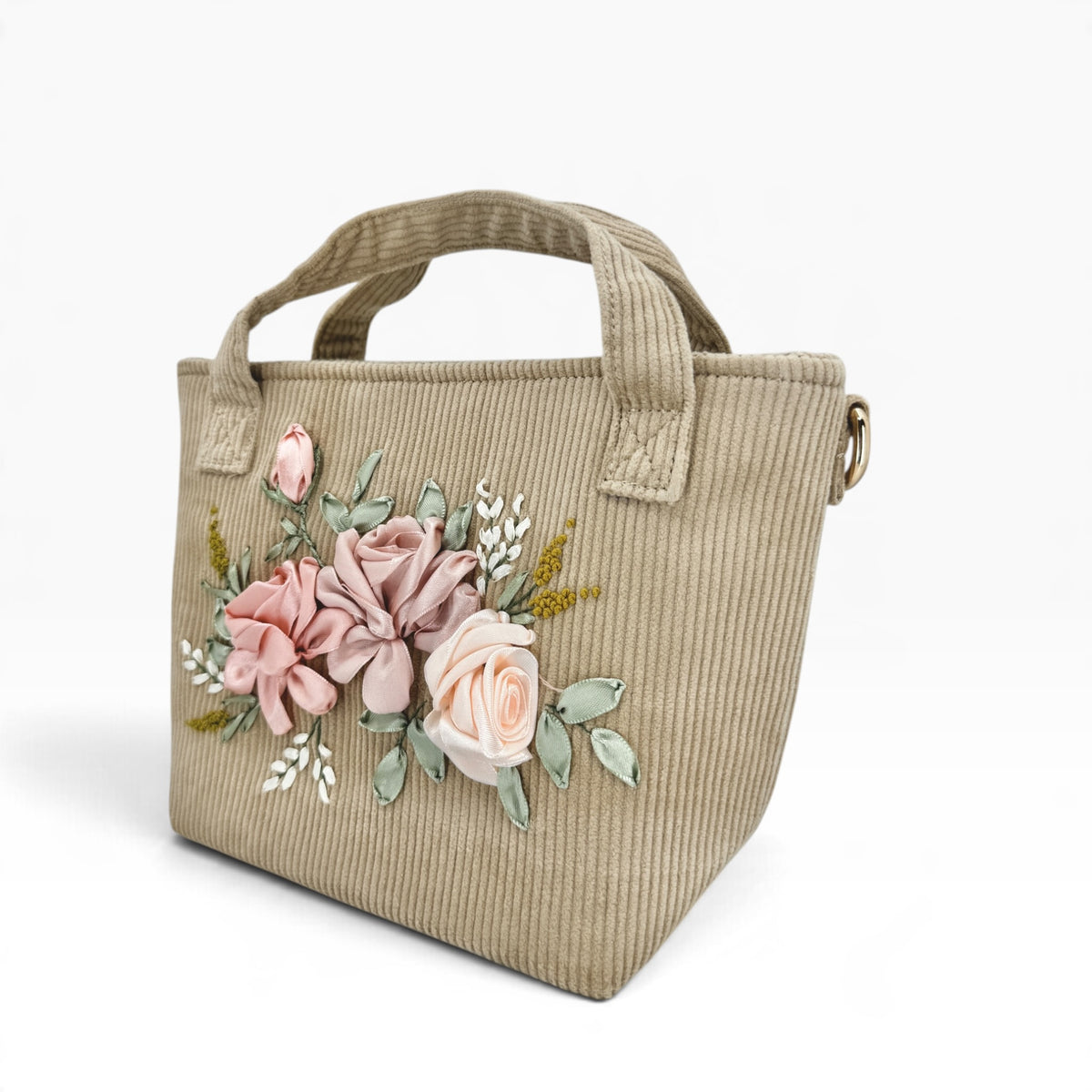 Pastel Roses Ribbon Embroidery Beige Velvet Handbag