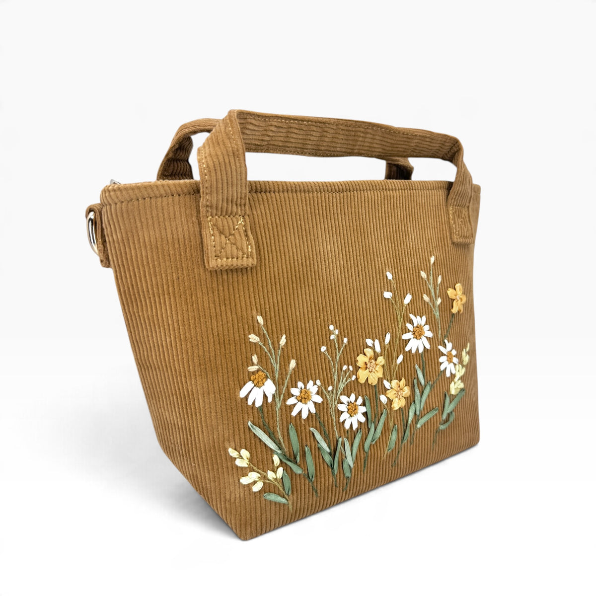 Daisy Garden Ribbon Embroidery Caramel Velvet Handbag