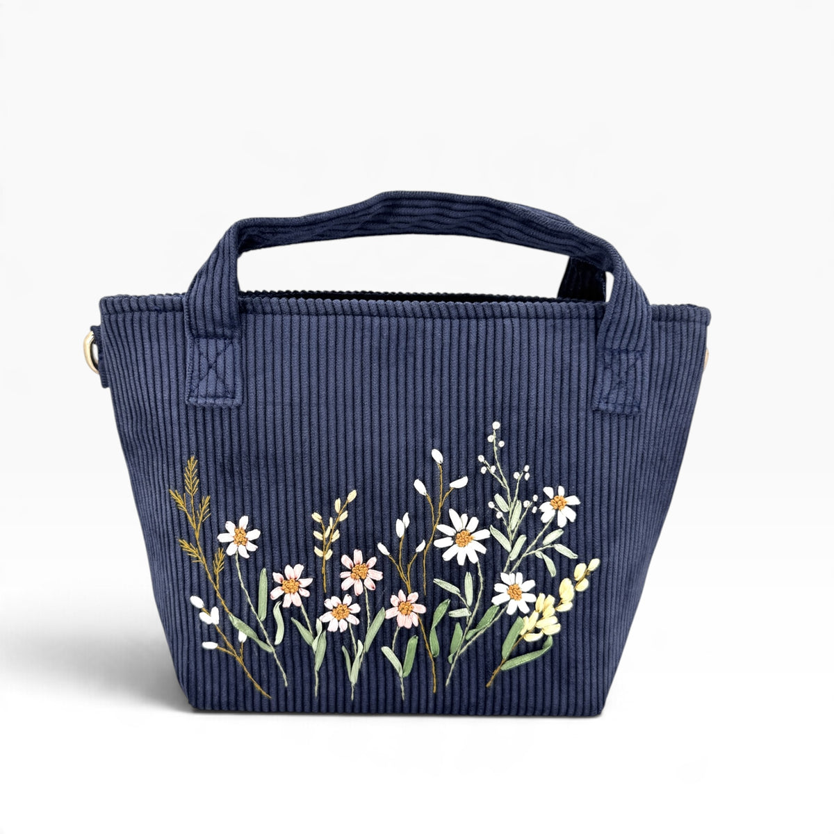Wildflowers Bloom Ribbon Embroidery Navy Velvet Handbag