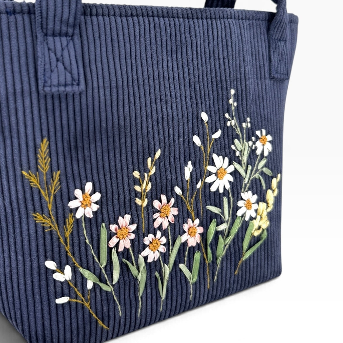 Wildflowers Bloom Ribbon Embroidery Navy Velvet Handbag