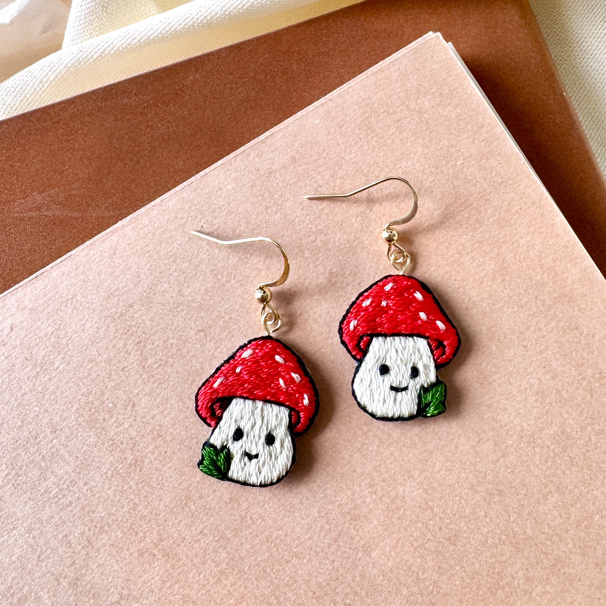 Mushroom Hand Embroidered Earrings