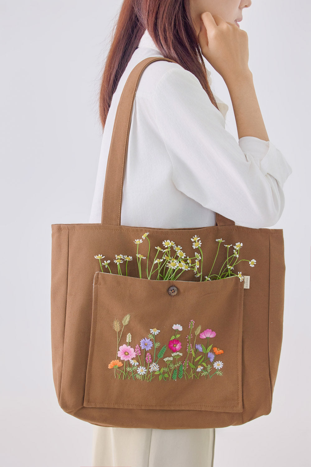 Wildflowers Hand Embroidery Pocket Tote Bag Brown