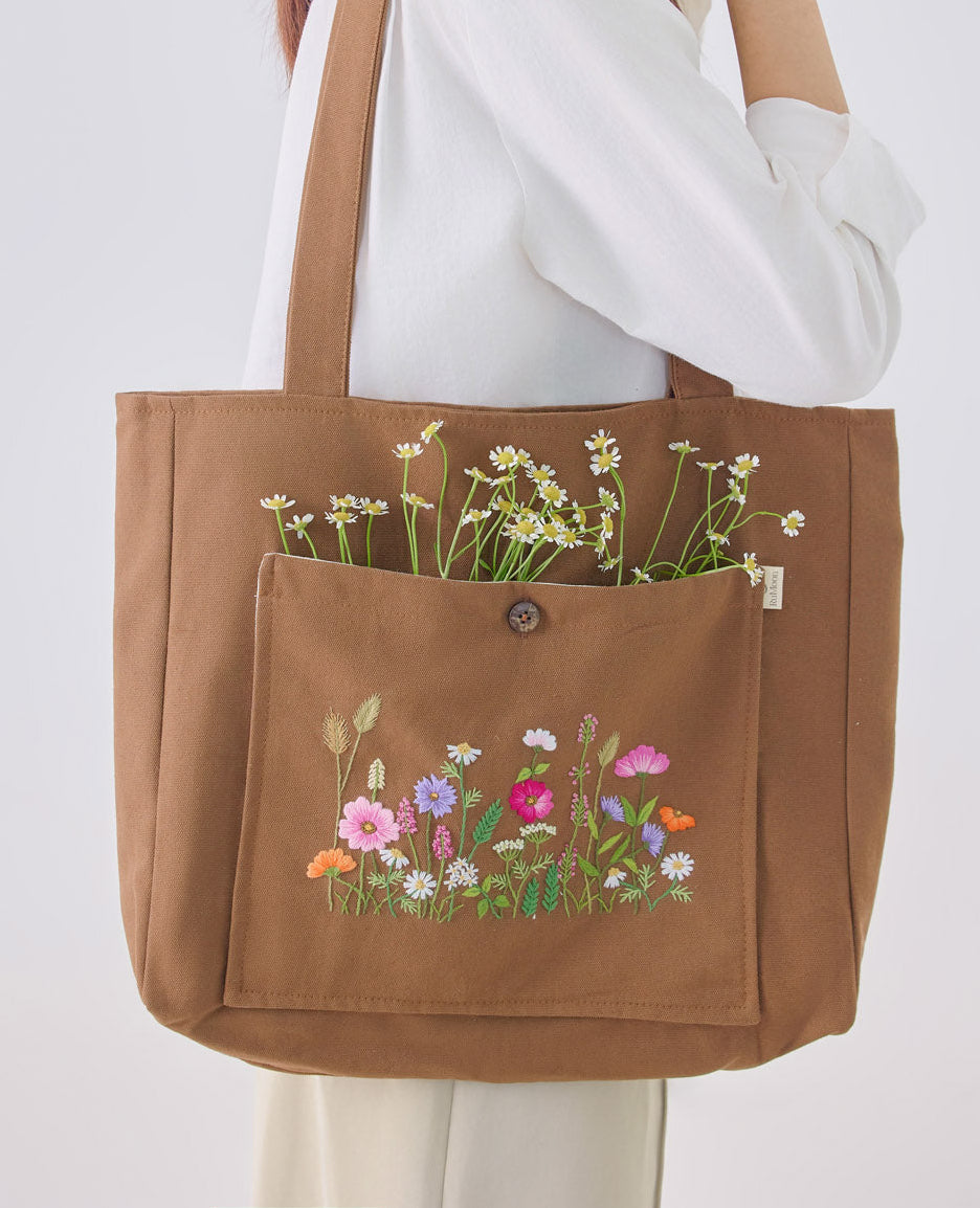Wildflowers Hand Embroidery Pocket Tote Bag Brown
