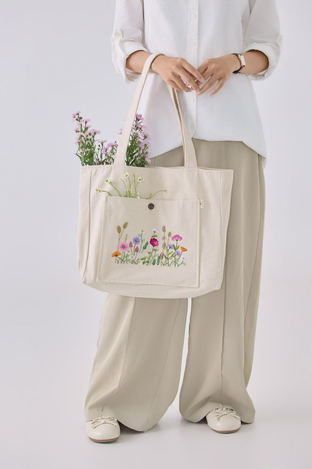 Wildflowers Hand Embroidery Off white Tote Bag
