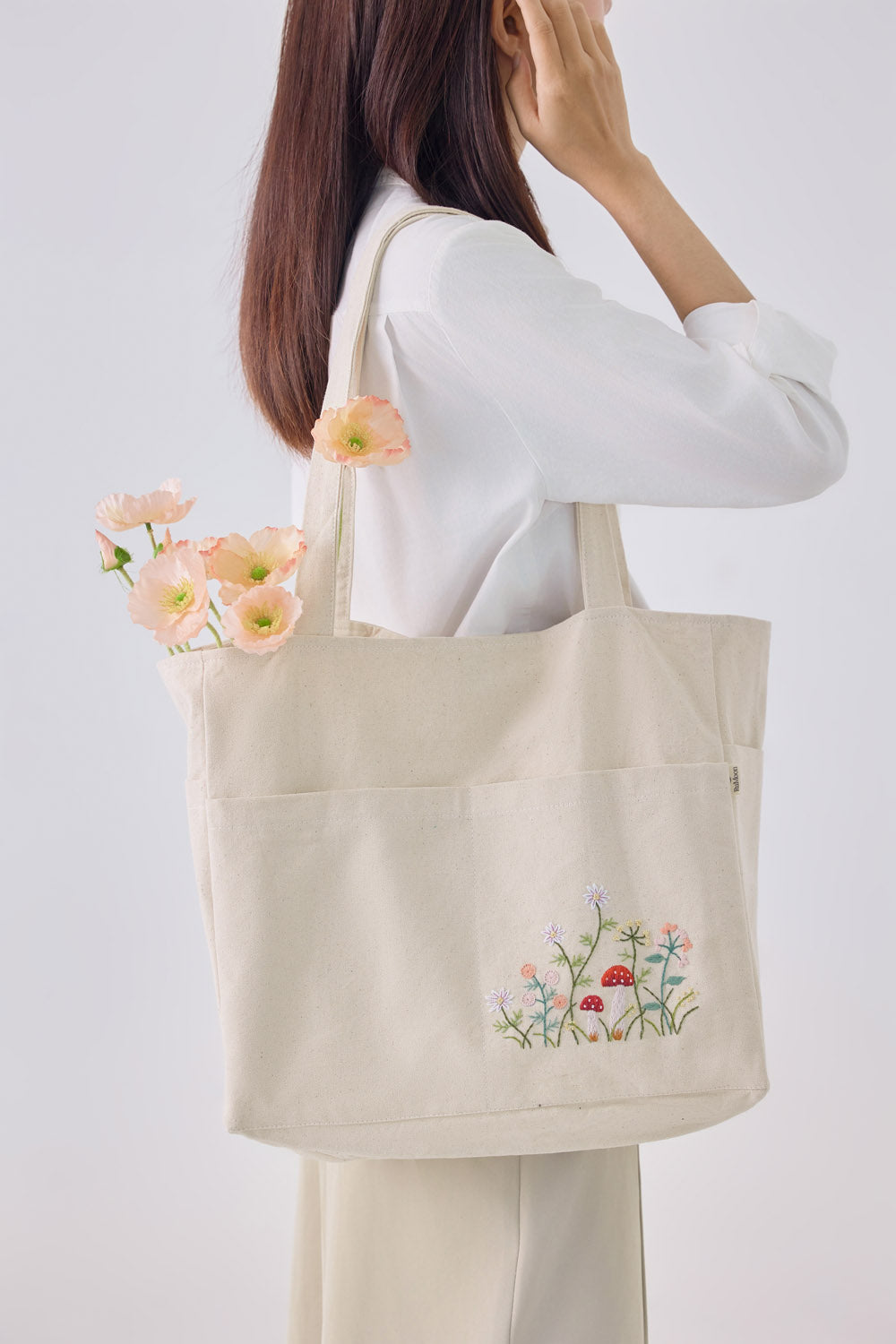 Mushroom Multiple Pockets Hand Embroidery White Tote Bag
