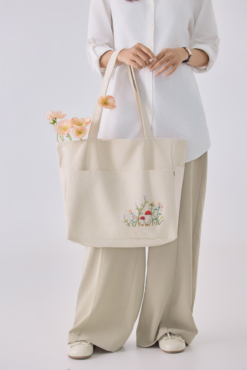 Mushroom Multiple Pockets Hand Embroidery White Tote Bag