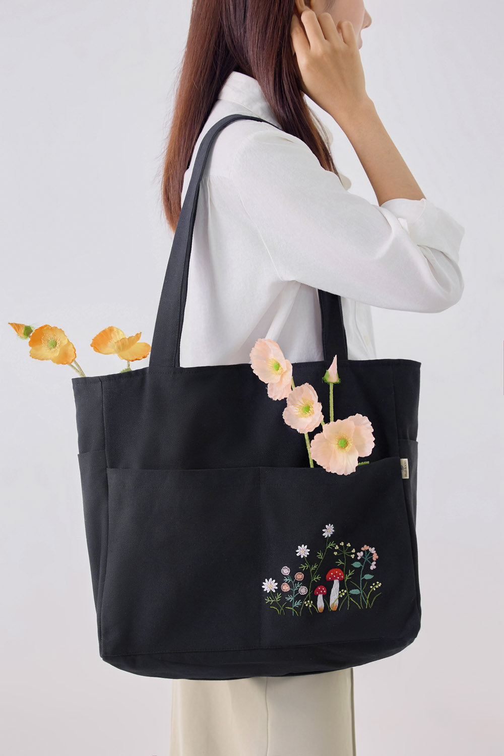 Mushroom Multiple Pockets Hand Embroidery Black Tote Bag