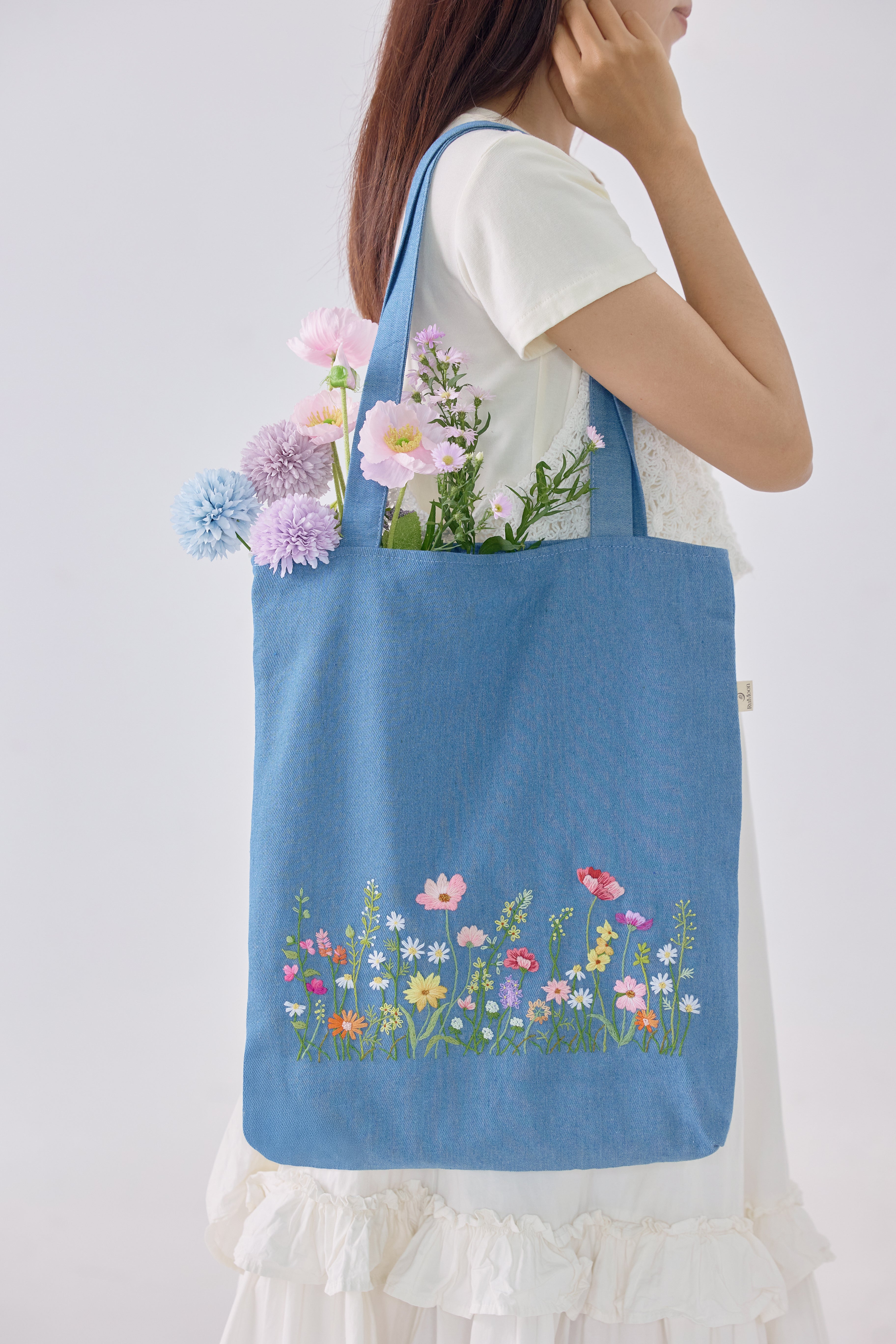 Garden Hand Embroidery Jean Tote Bag