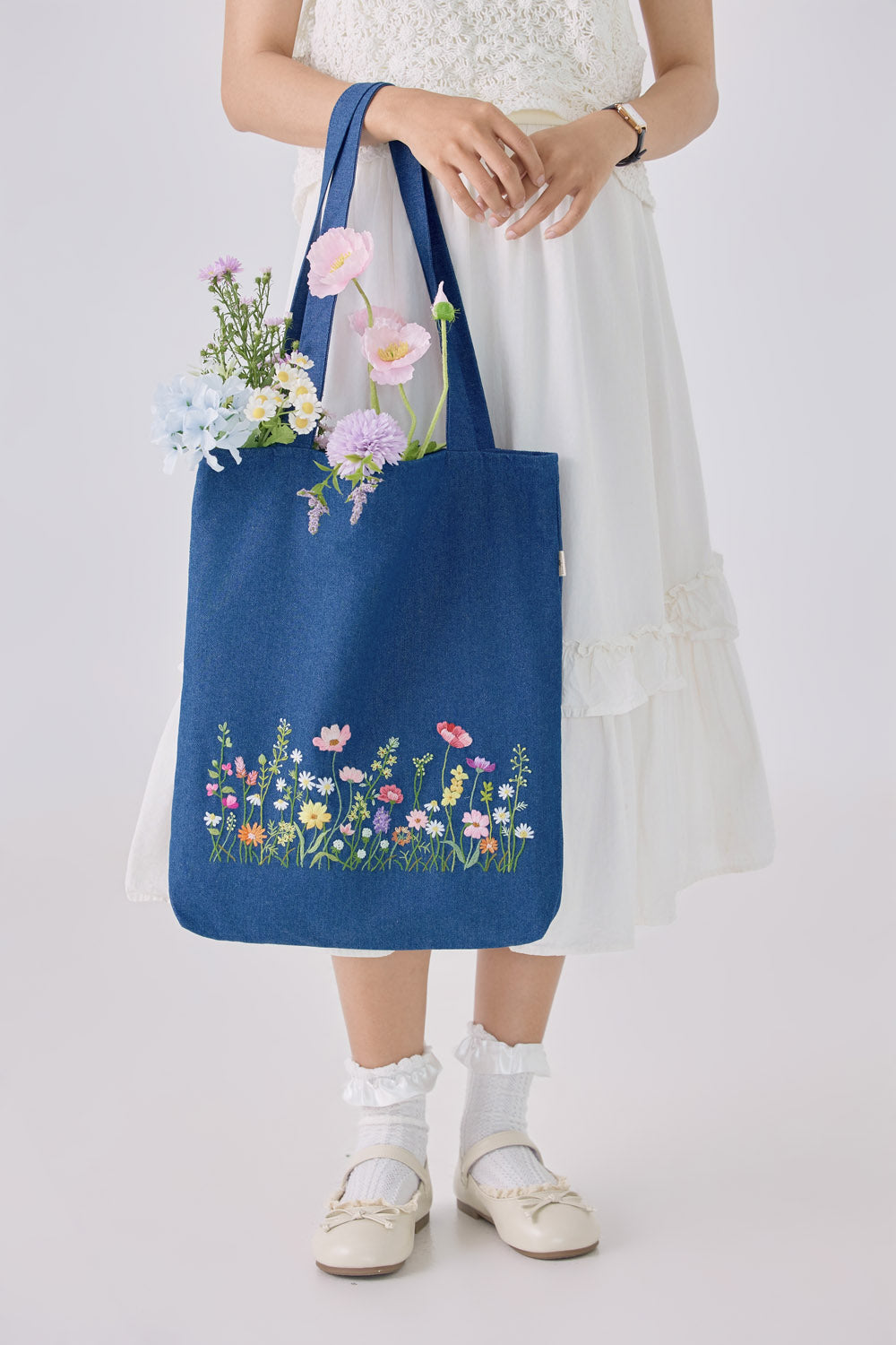Blush Garden Hand Embroidery Jean Tote Bag