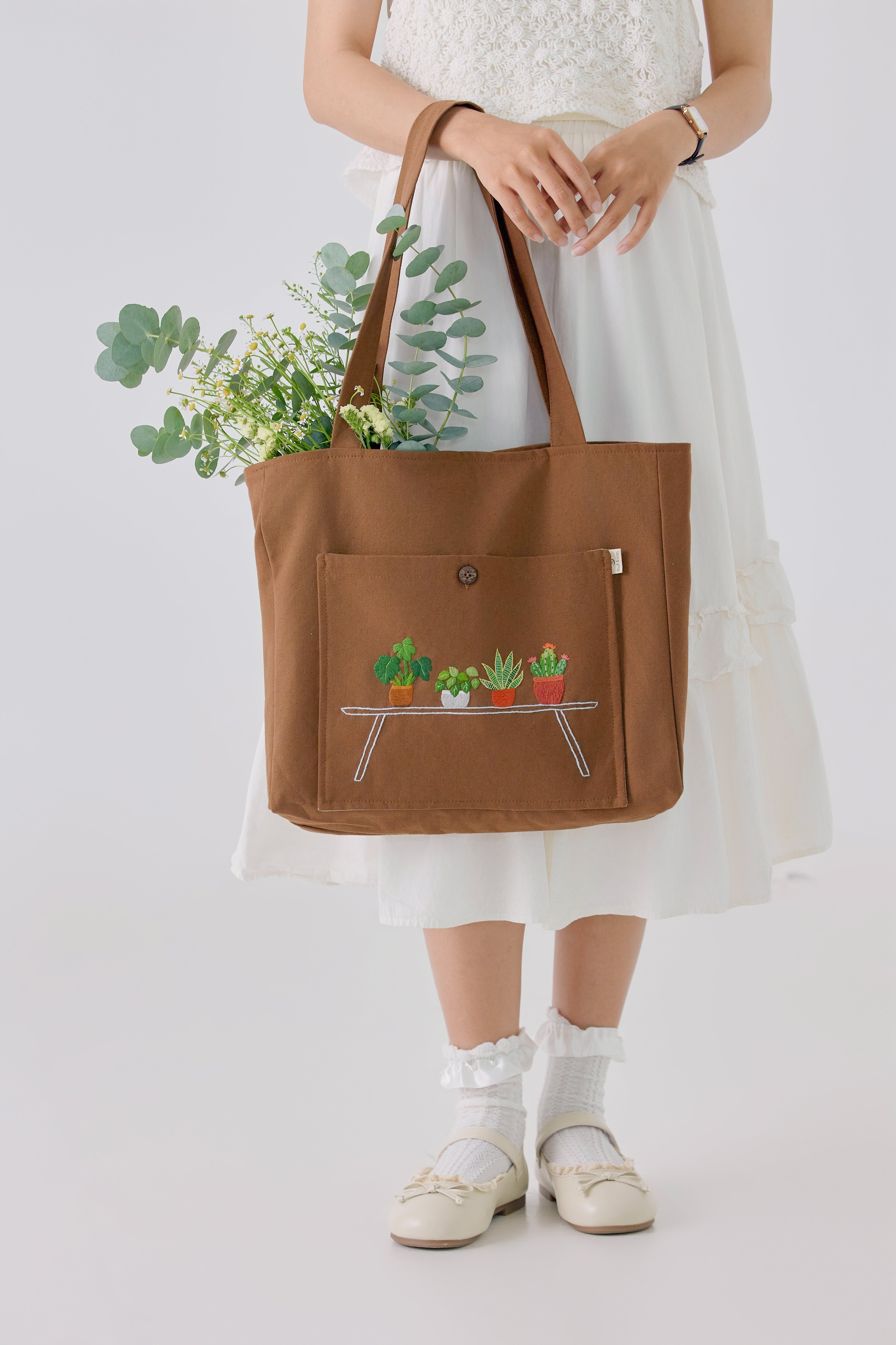 Plants Lover Hand Embroidery Tote Bag Brown