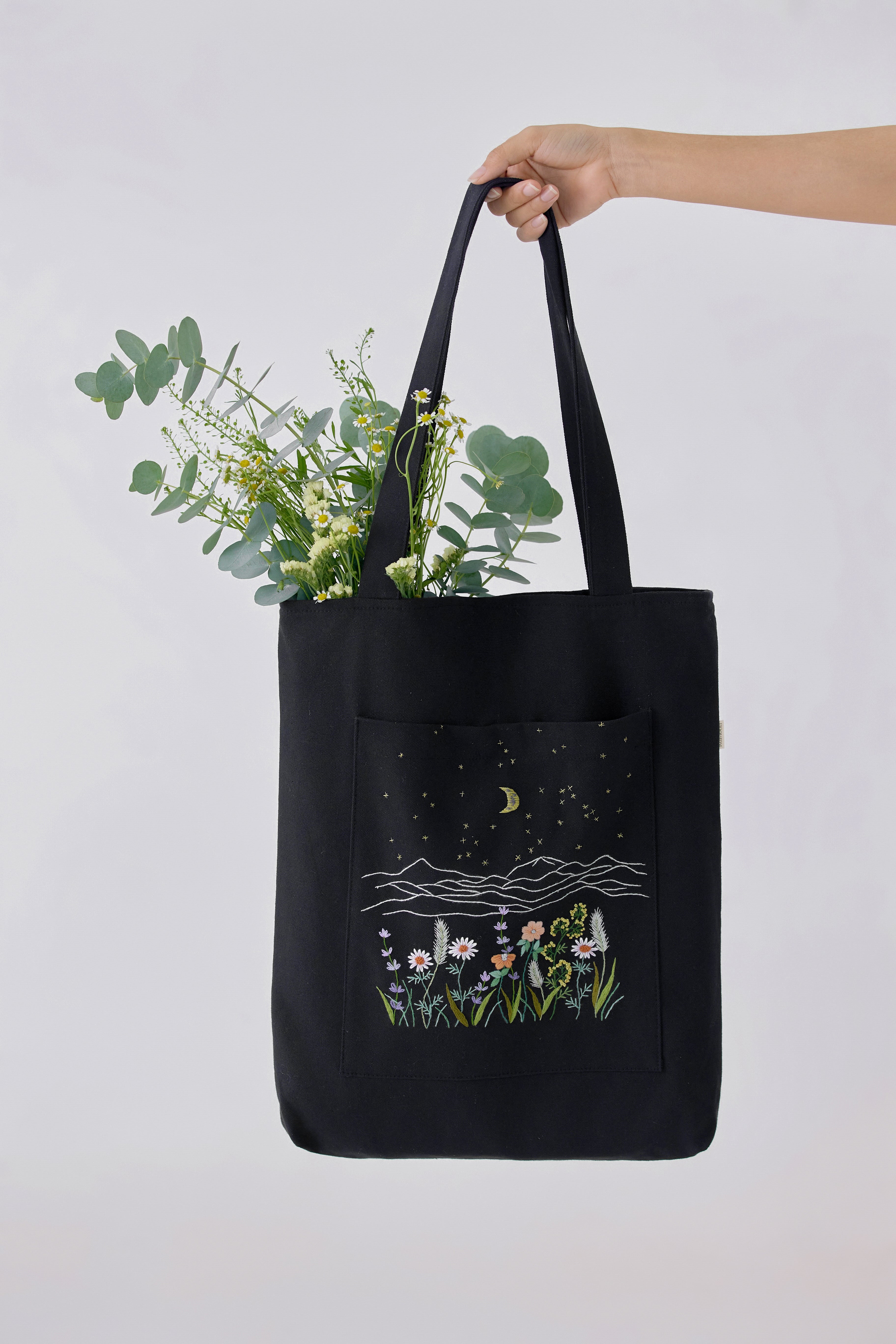 Mountain Flower Field Embroidery Tote Bag Black