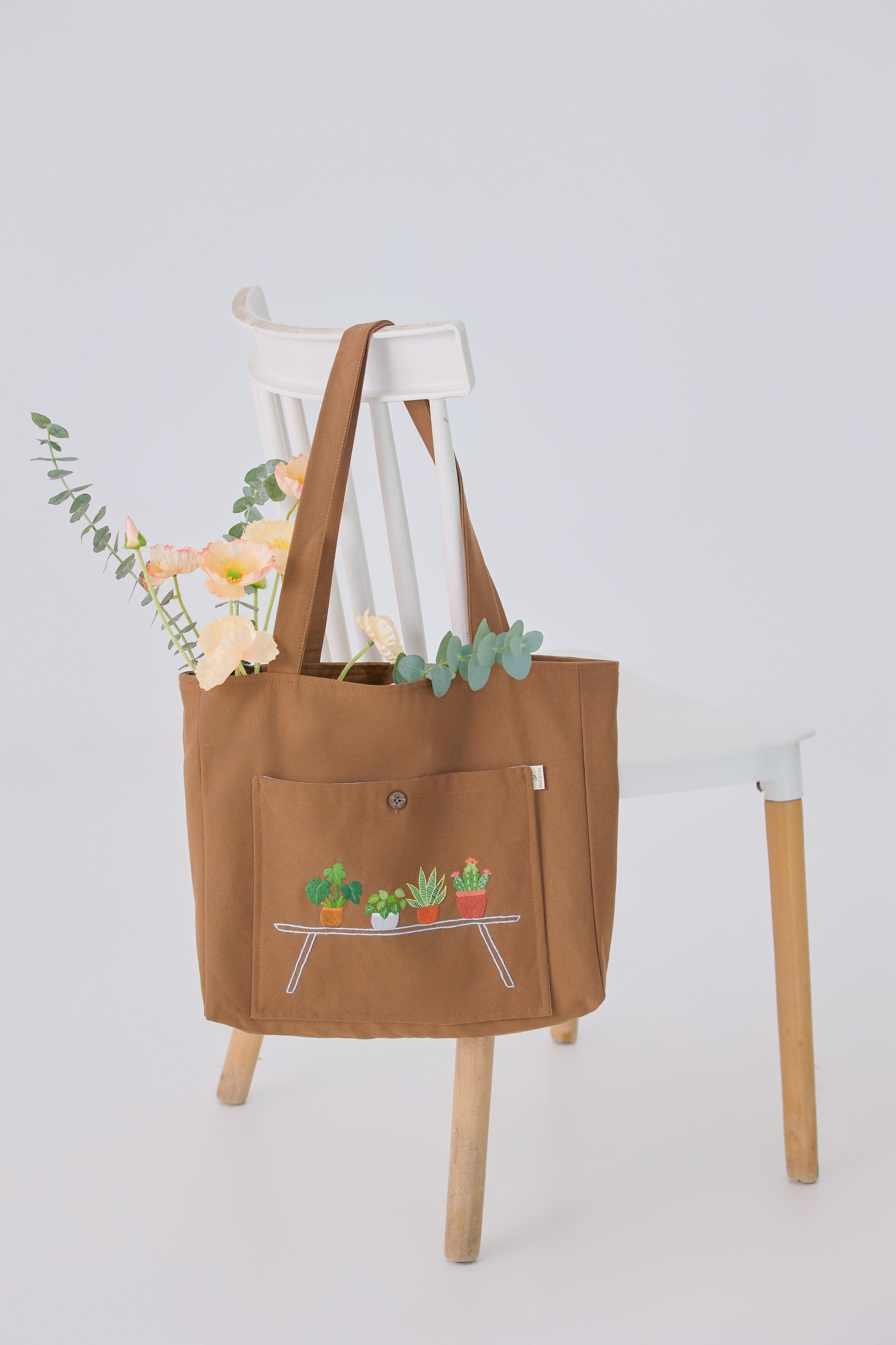 Plants Lover Hand Embroidery Tote Bag Brown