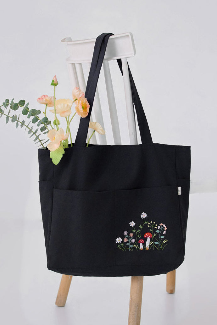 Mushroom Multiple Pockets Hand Embroidery Black Tote Bag