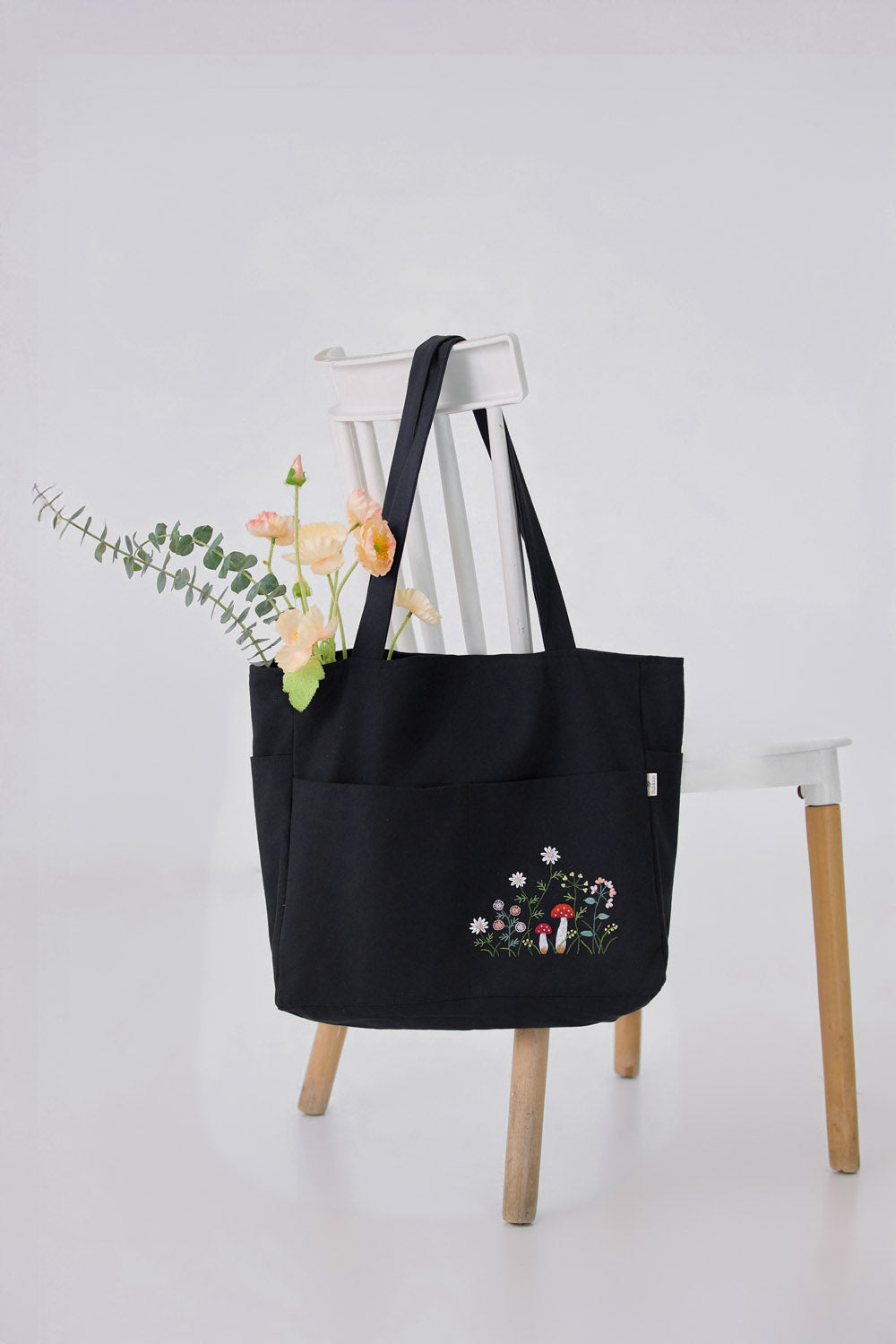 Mushroom Multiple Pockets Hand Embroidery Black Tote Bag