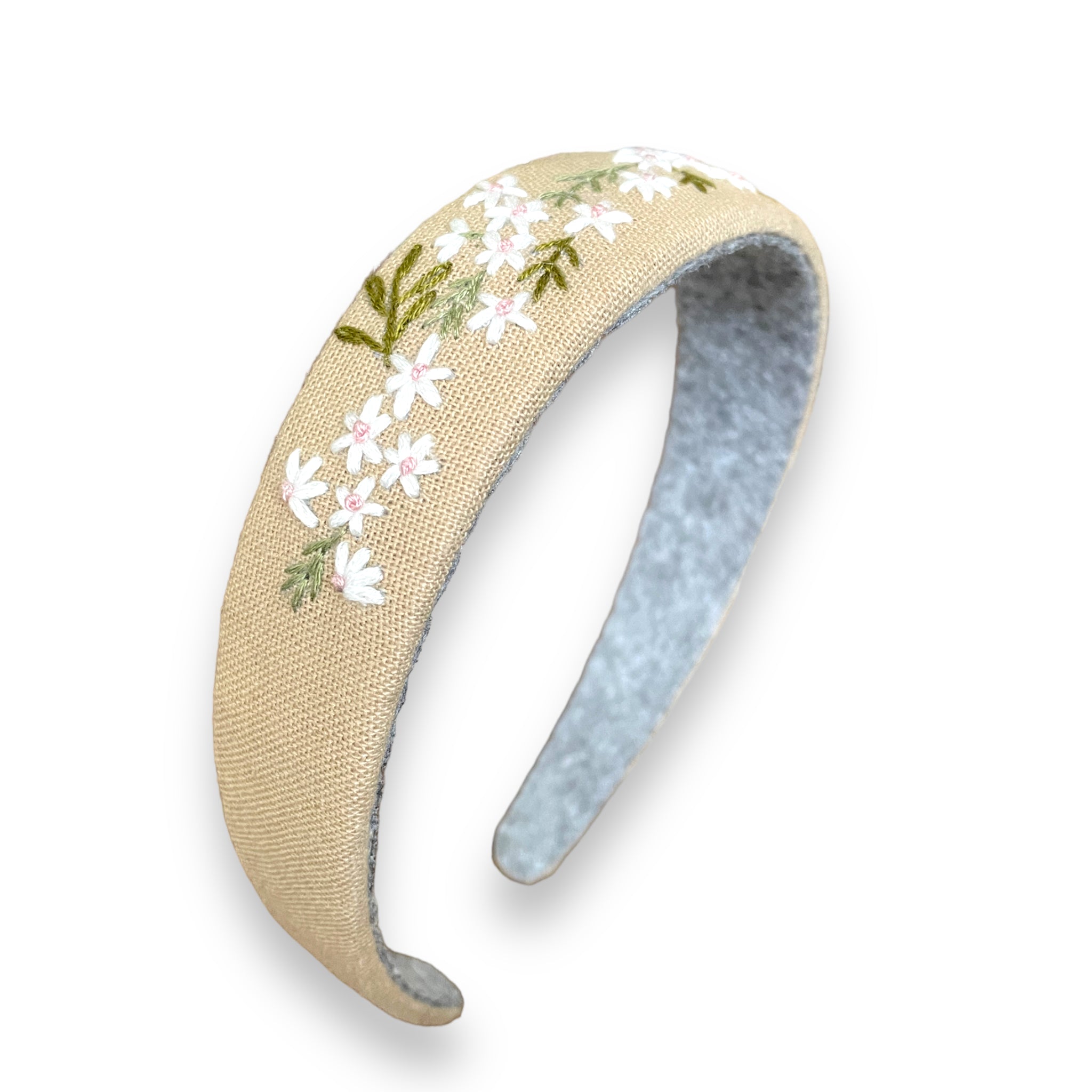 White Daisy Embroidered Beige Hairband