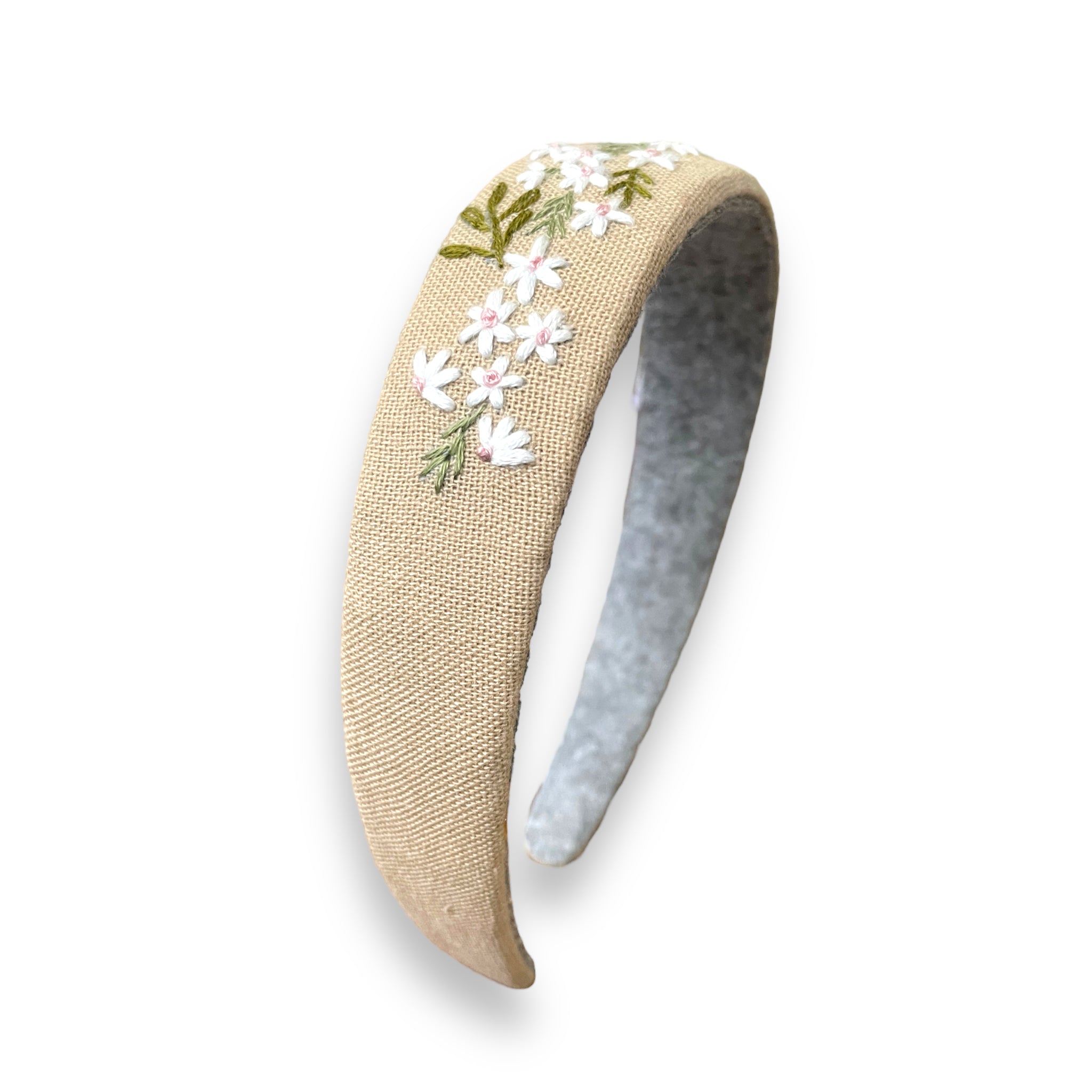 White Daisy Embroidered Beige Hairband