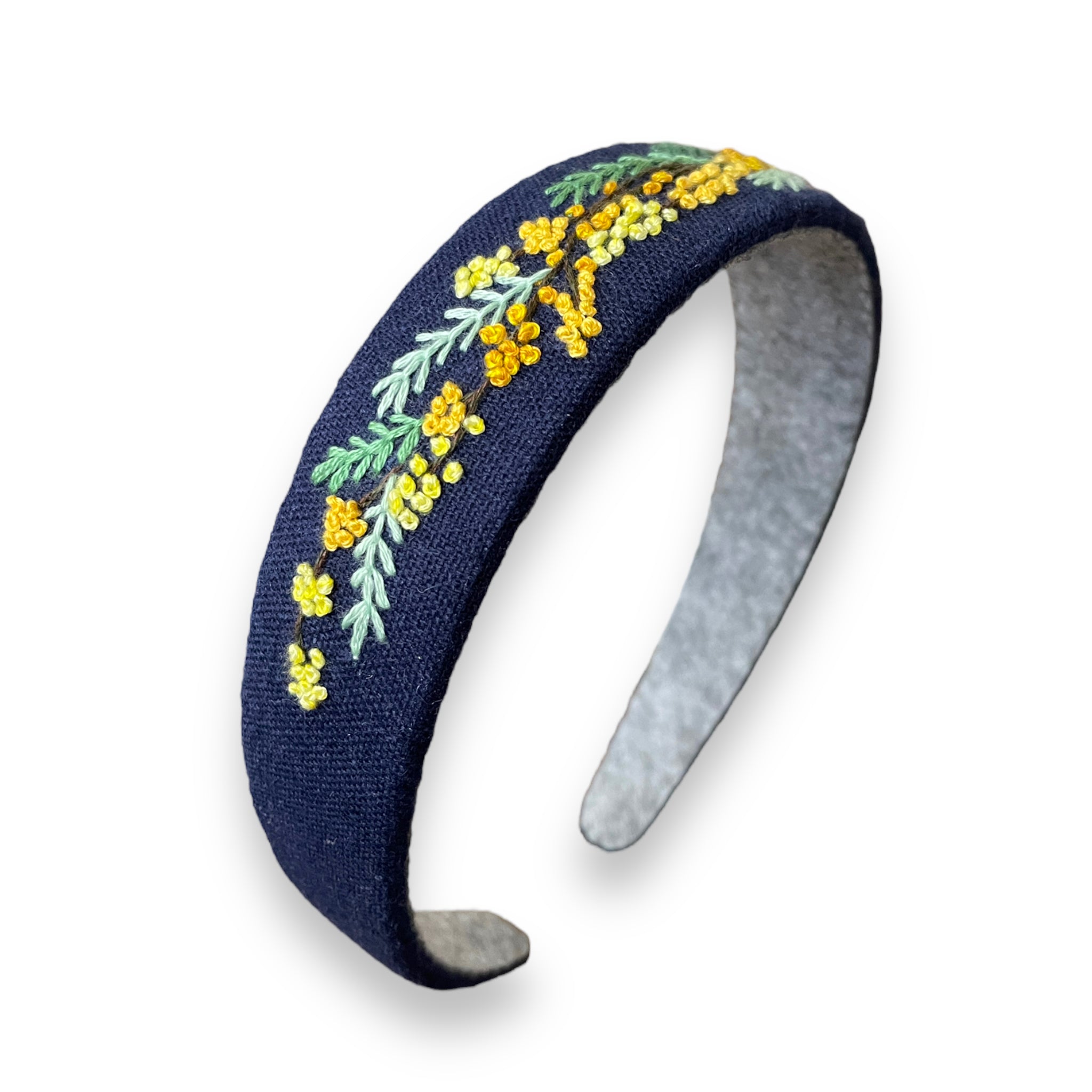 Tiny Mimosa Embroidered Navy Hairband