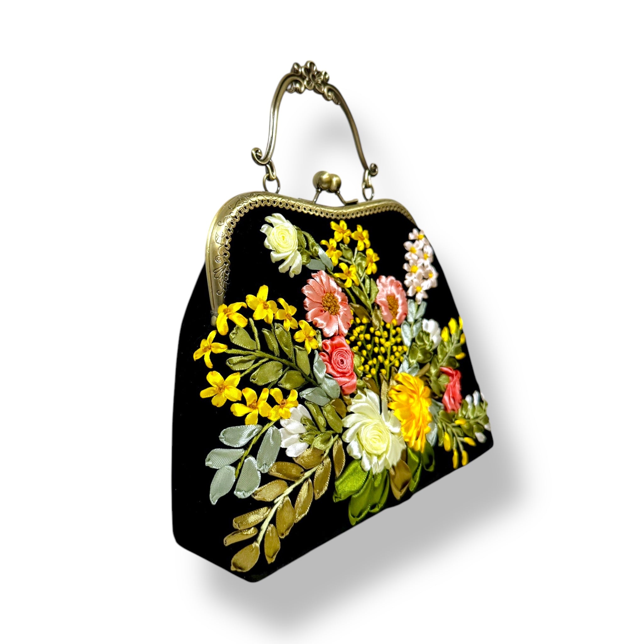 Floral Ribbon Embroidery Clutch Velvet Bag