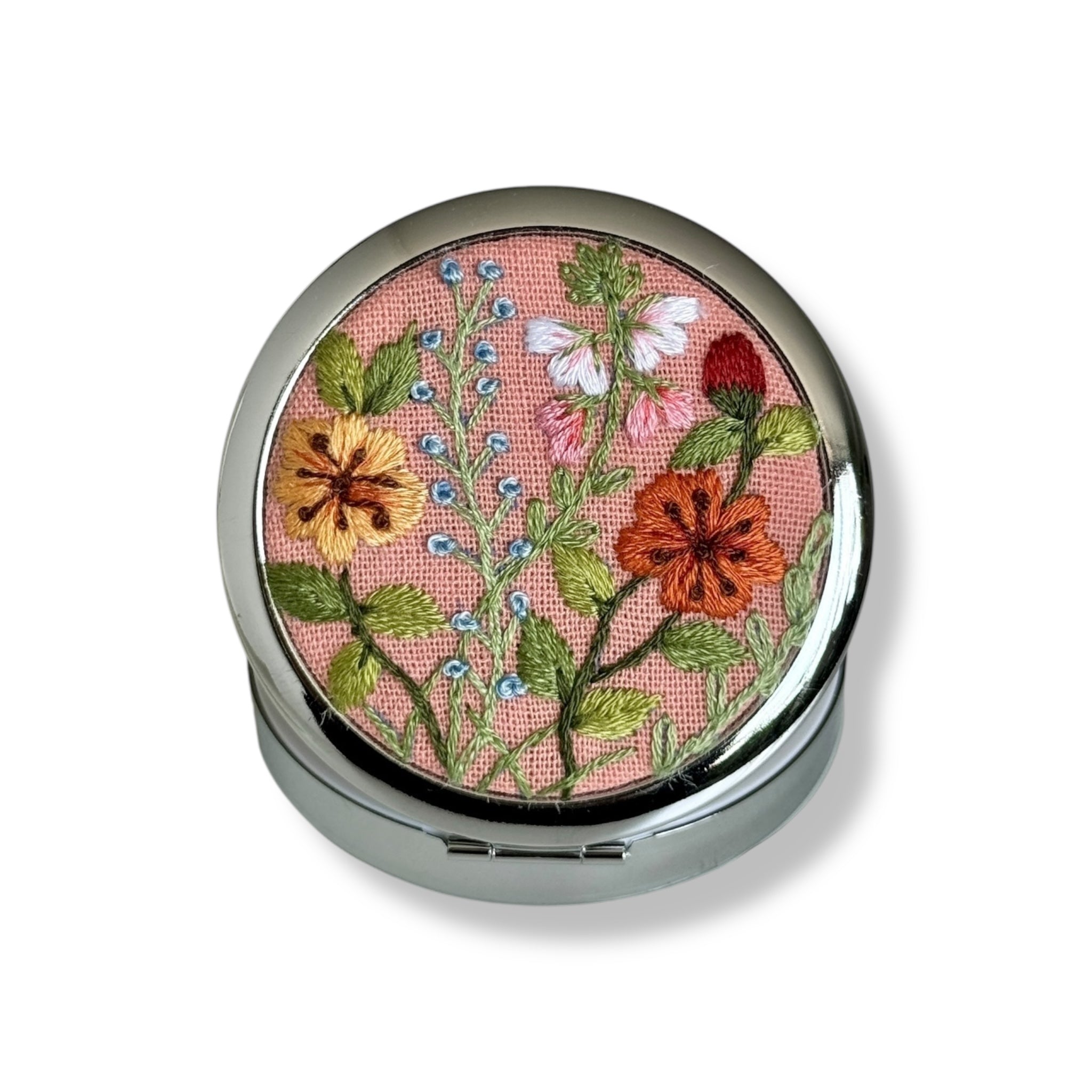 Pinky Floral Hand Embroidery Compact Container
