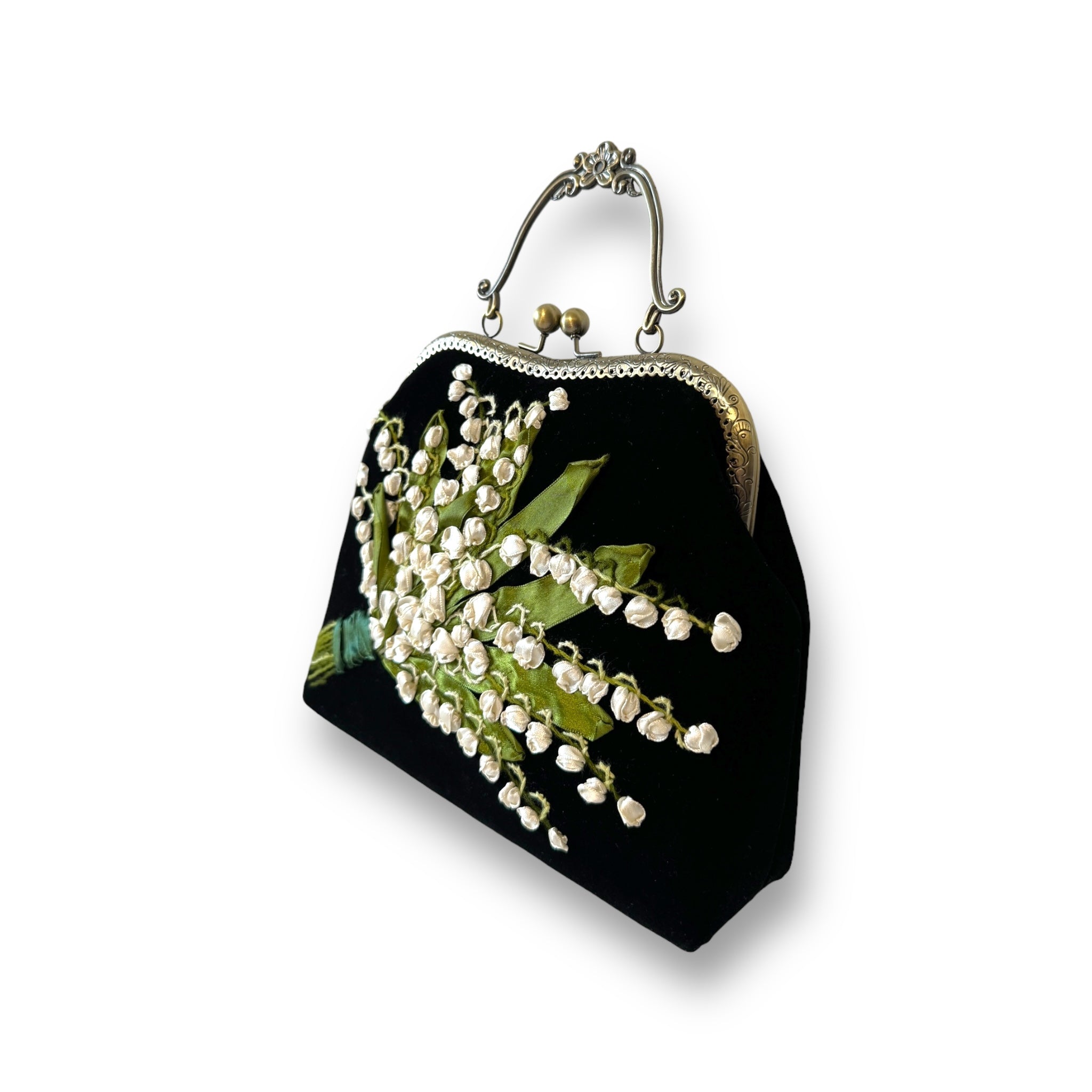Lily of the Valley Ribbon Embroidery Clutch Velvet Bag