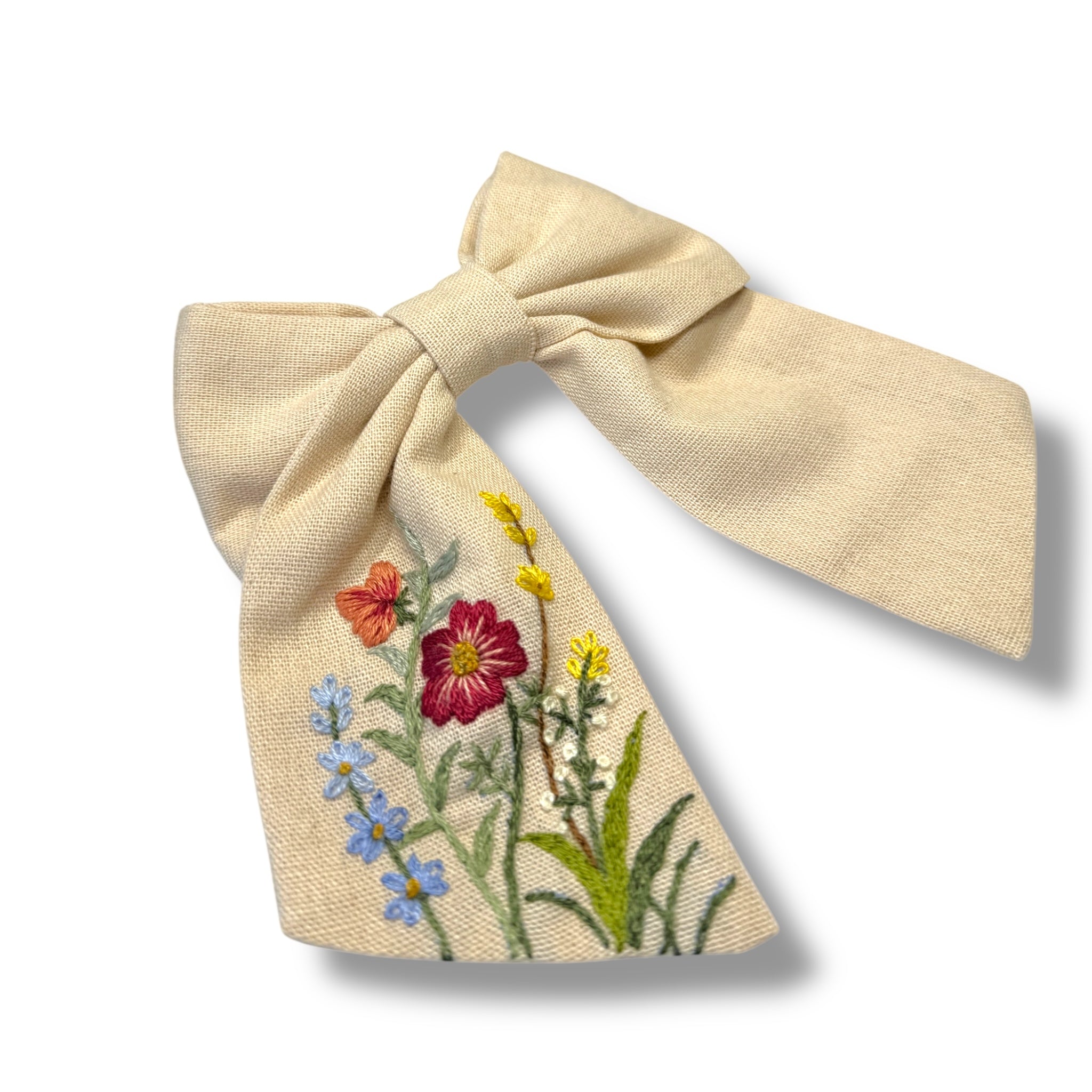 Bright Red Flowers Hand Embroidery Beige Hair Barrette
